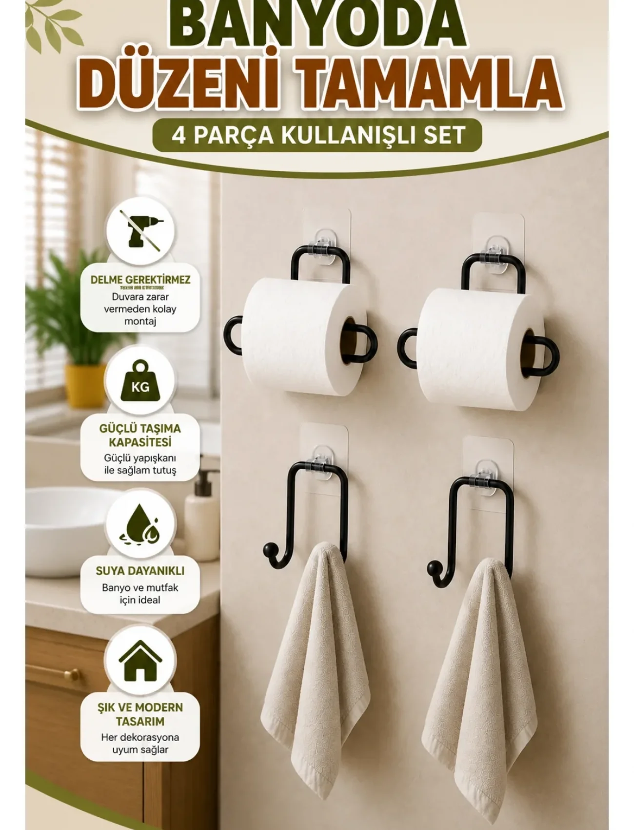 Banyo ve Mutfak İçin 4 Parça Set 2 Adet Kağıtlık 2 Adet Havlu Askısı