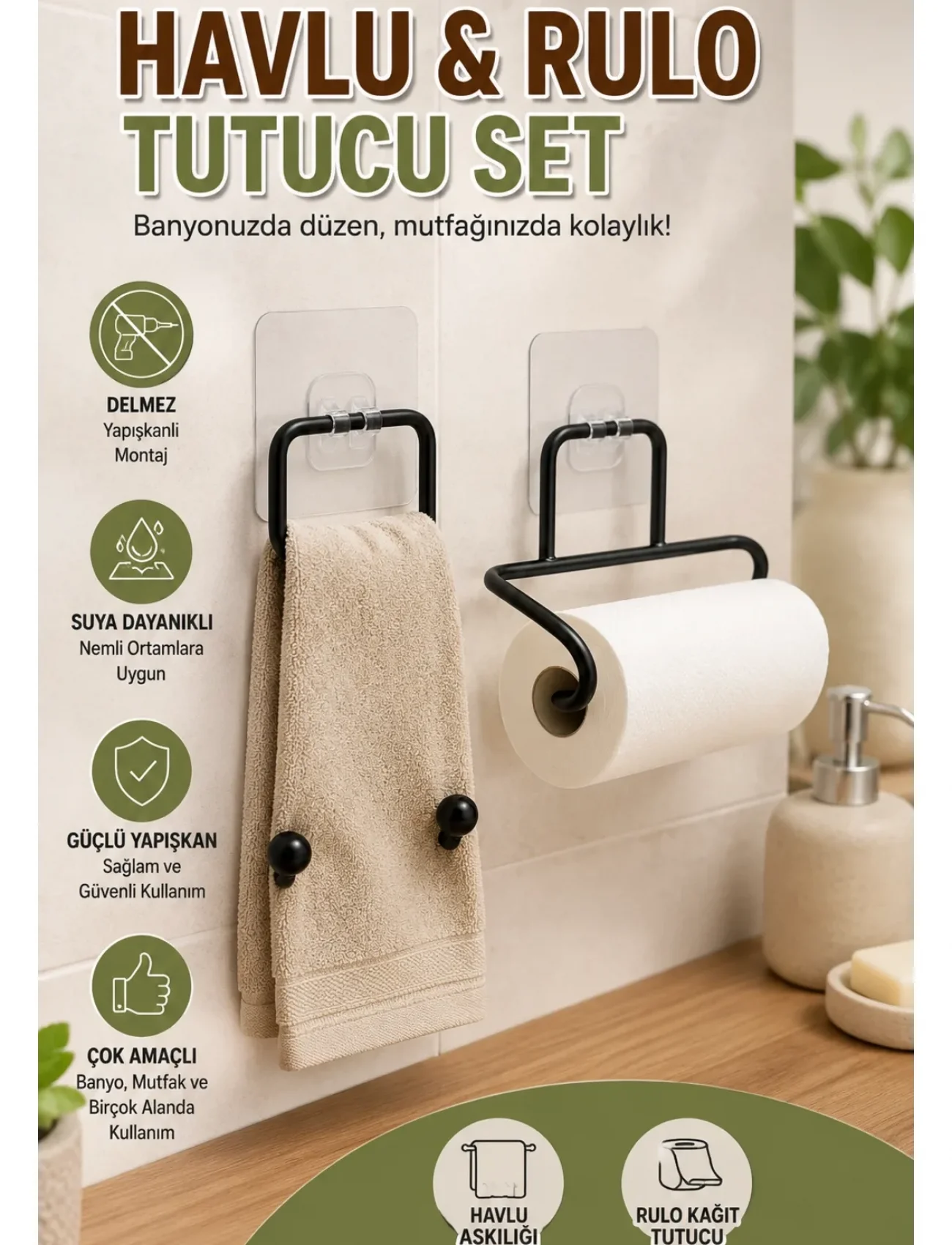Banyo ve Mutfak İçin Yapışkanlı Havlu Askılığı ve Rulo Kağıt Tutucu Set