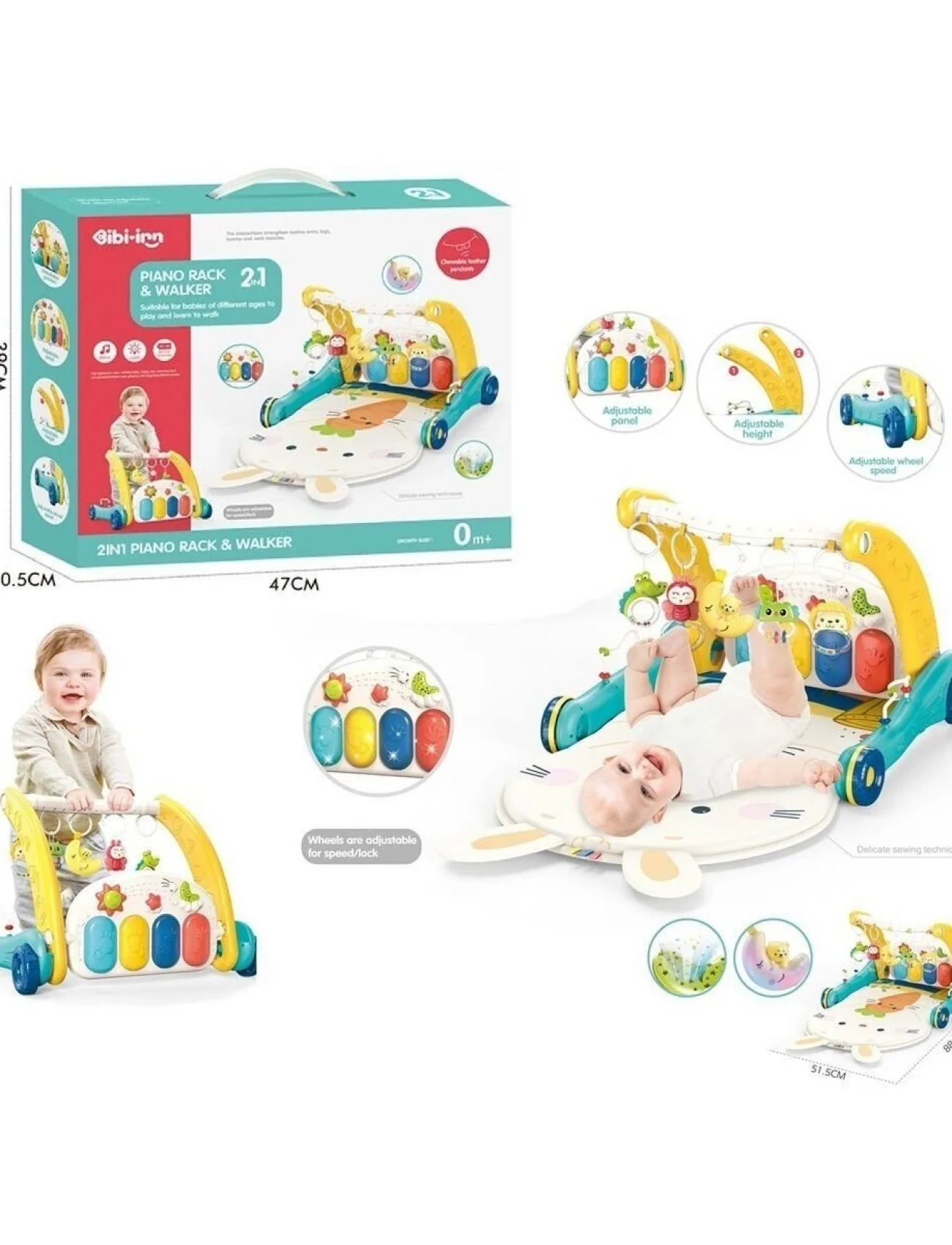 BIB6015 -Vardem Piyanolu 2 in 1 Bebek Yürüteci ve Tavşan Desenli Mavi Oyun Halısı