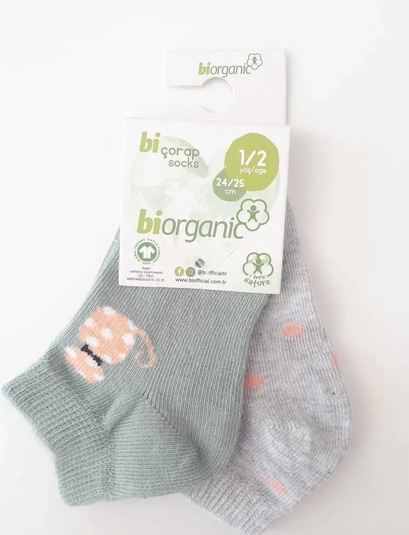 Bibaby Biorganic Cat 2Li Yaş Patik Çorap 68427 Mint Gri