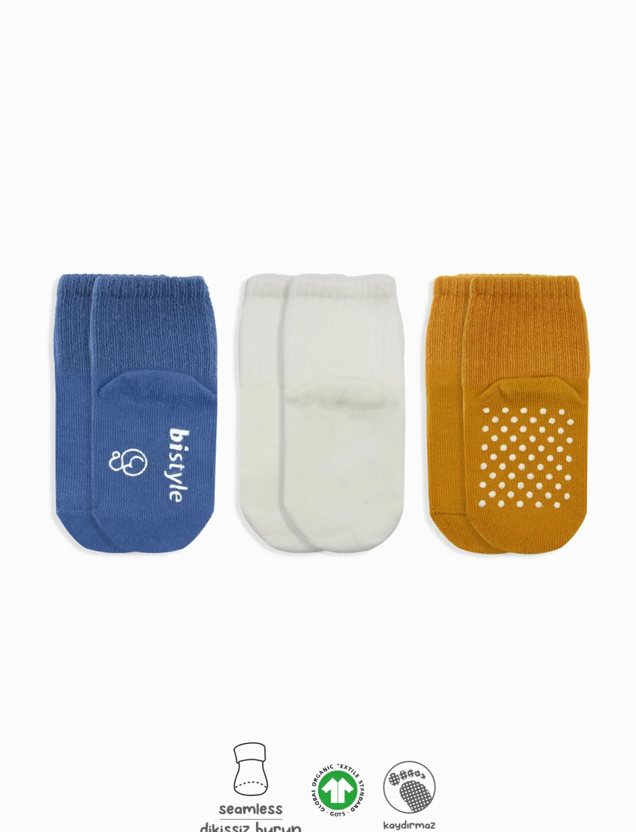 Bistyle Basic Kaymaz Penye Soket Çorap 3Lü BS10107 İndigo Ekru Hardal