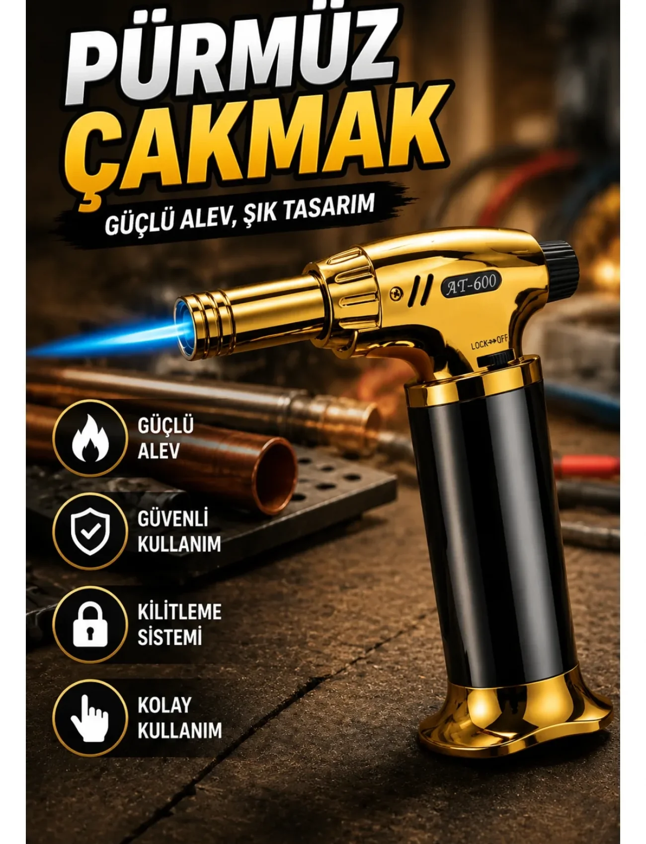 Bütan Gazlı Pürmüz Çakmak Şık Tasarımlı Güçlü Alevli Torch