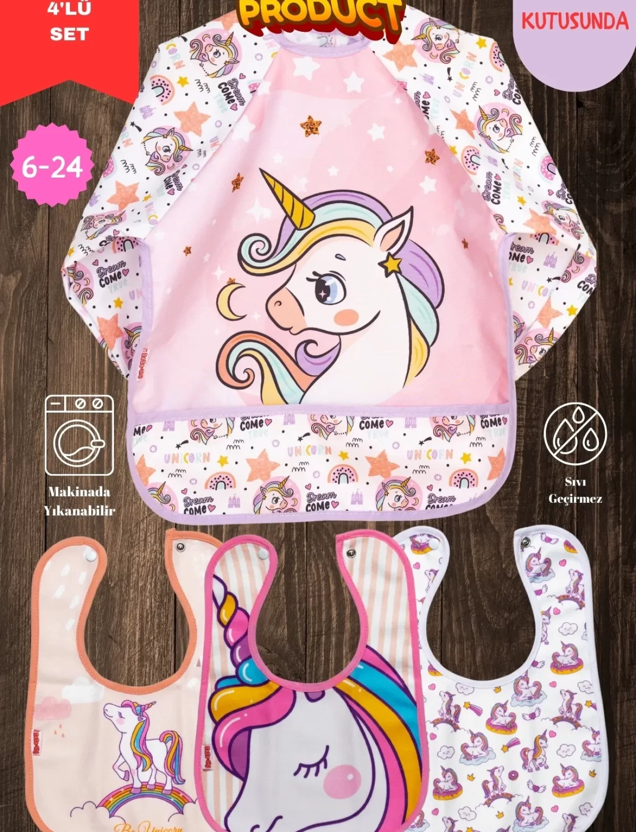 Candar Unicorn Desen 4lü Set Eko Sıvı Geçirmez Aktivite Ve Mama Önlüğü Kendi Kutusunda 6-24 Ay