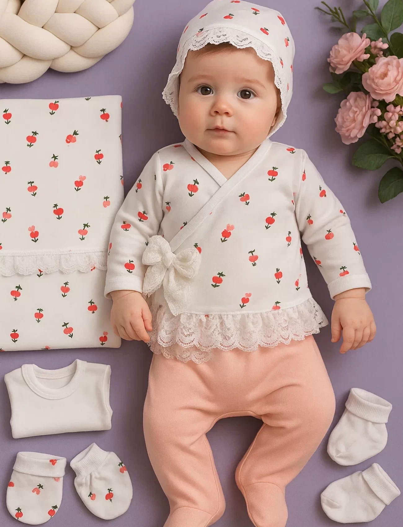 Çiçek Desenli Dantel İşlemeli %100 Pamuk Kız Bebek 8li Hastane Çıkışı