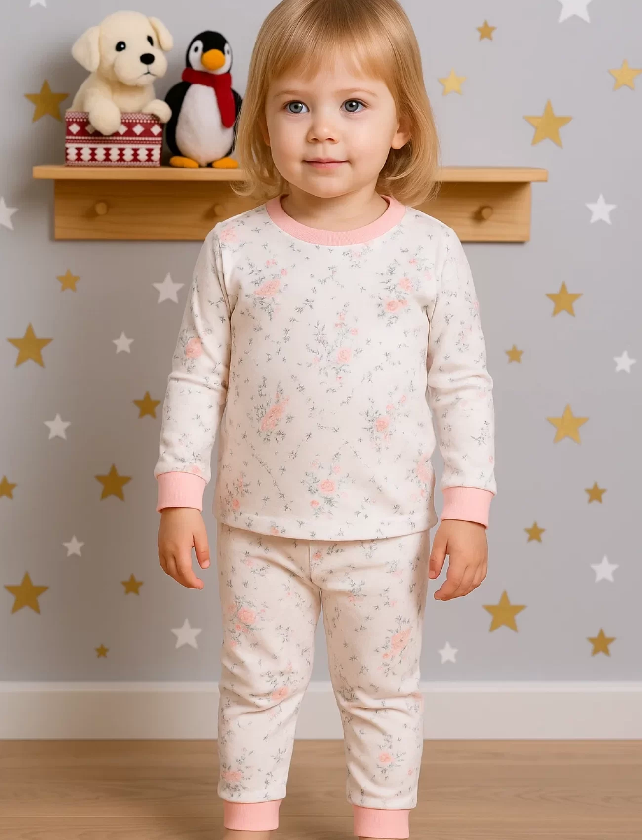 Çiçek Desenli Kız Bebek Pijama Eşofman Takımı Pembe