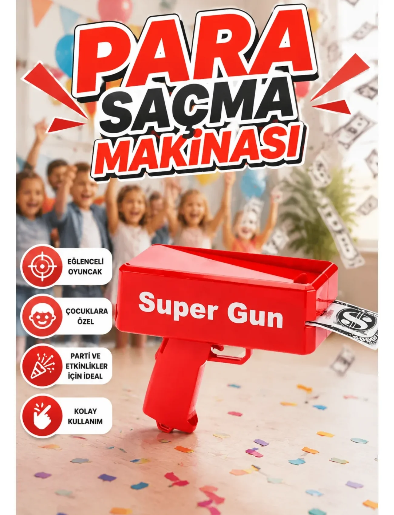 Çocuklara Özel Eğlenceli Para Saçma Makinası Parti Oyuncağı Kırmızı