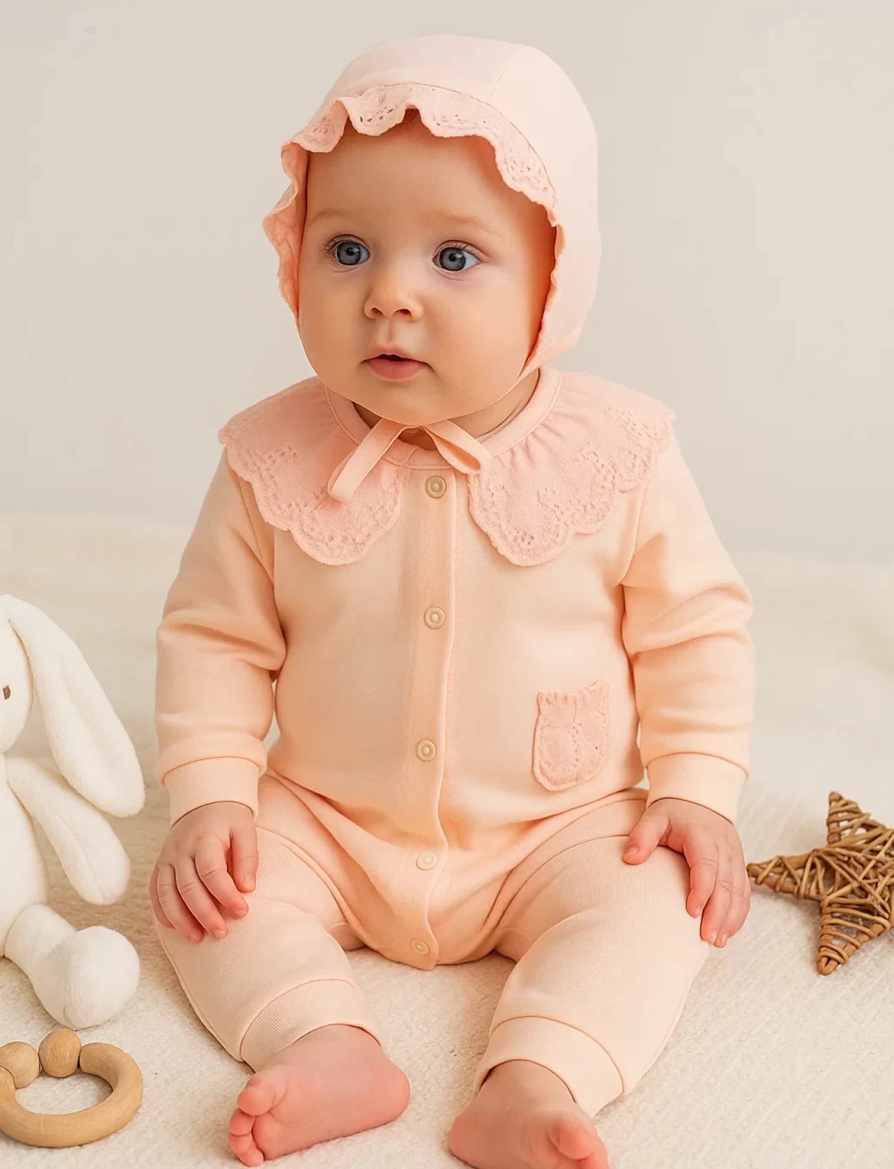 Dantel Yaka Fisto Detaylı Kız Bebek Tulum %100 Pamuk