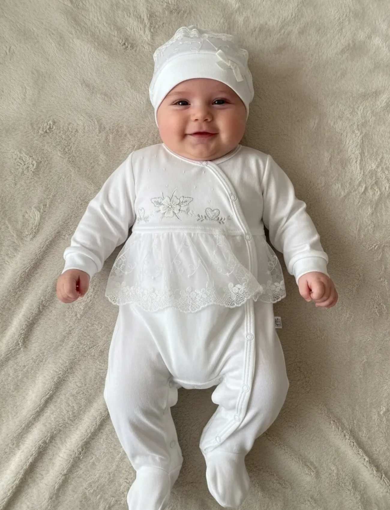 Dantelli Çiçek Nakışlı Kız Bebek Tulum %100 Pamuk