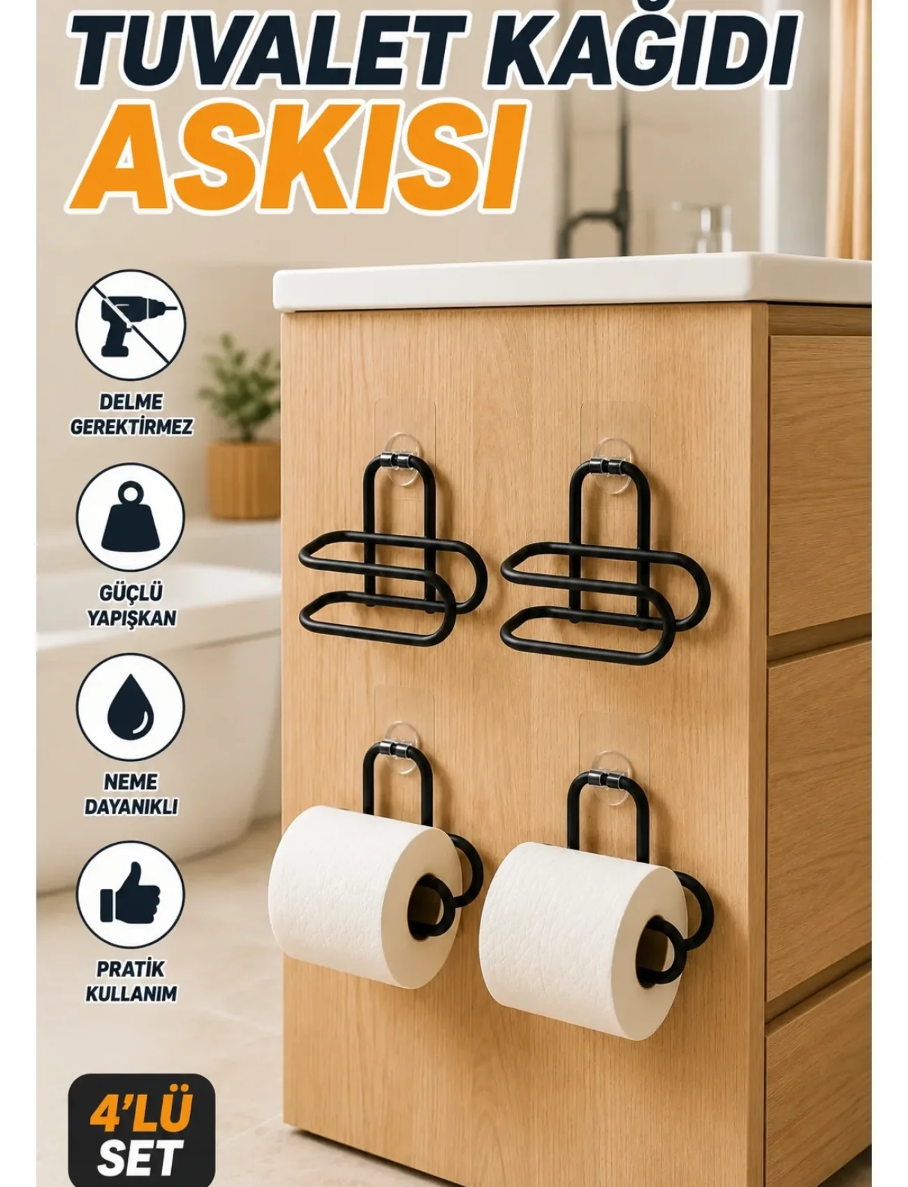 Delmeden Monte Tuvalet Kağıdı Askısı Siyah Metal Yapışkanlı Banyo Kağıtlığı 4’lü Set