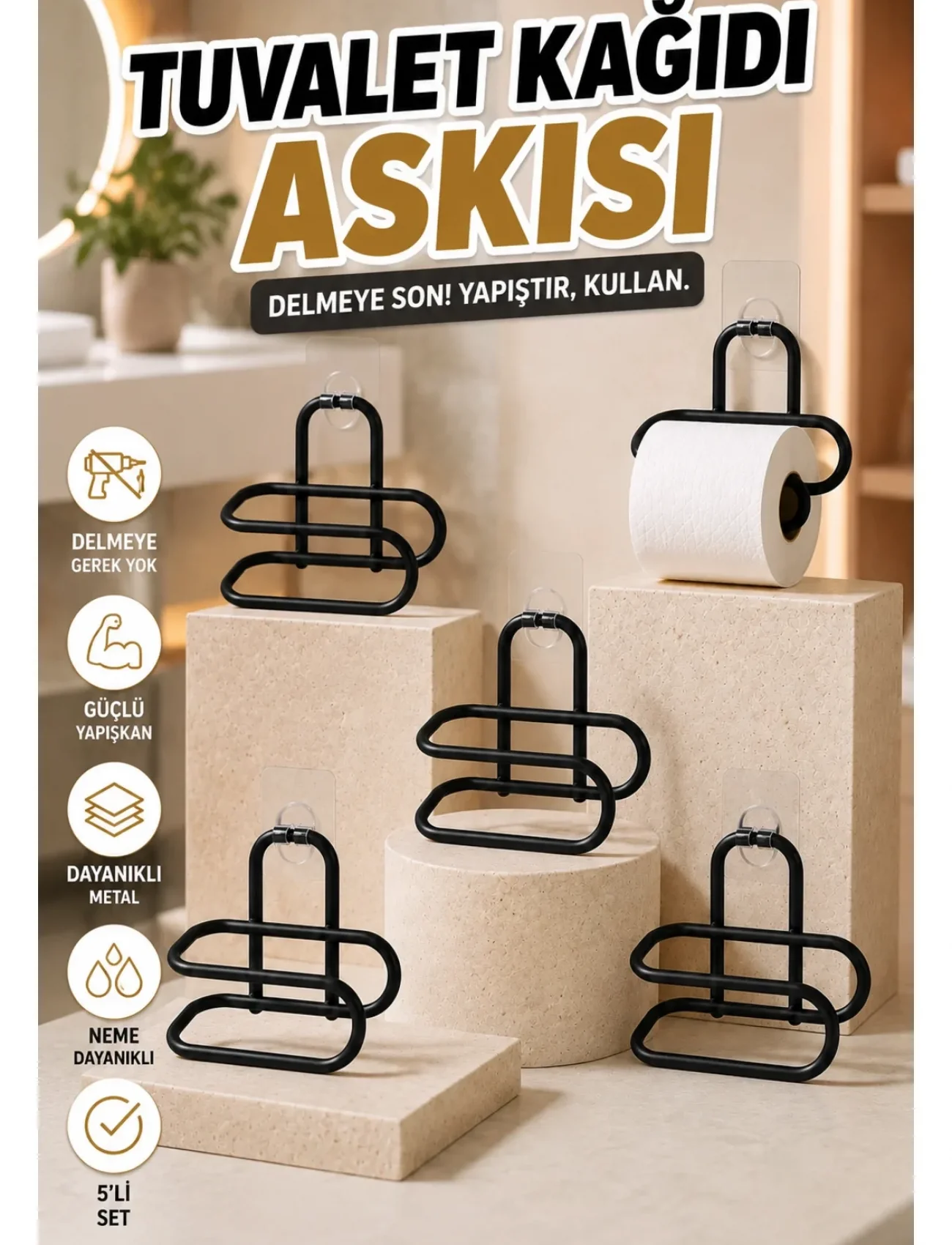 Delmeden Monte Tuvalet Kağıdı Askısı Siyah Metal Yapışkanlı Banyo Kağıtlığı 5’li Set