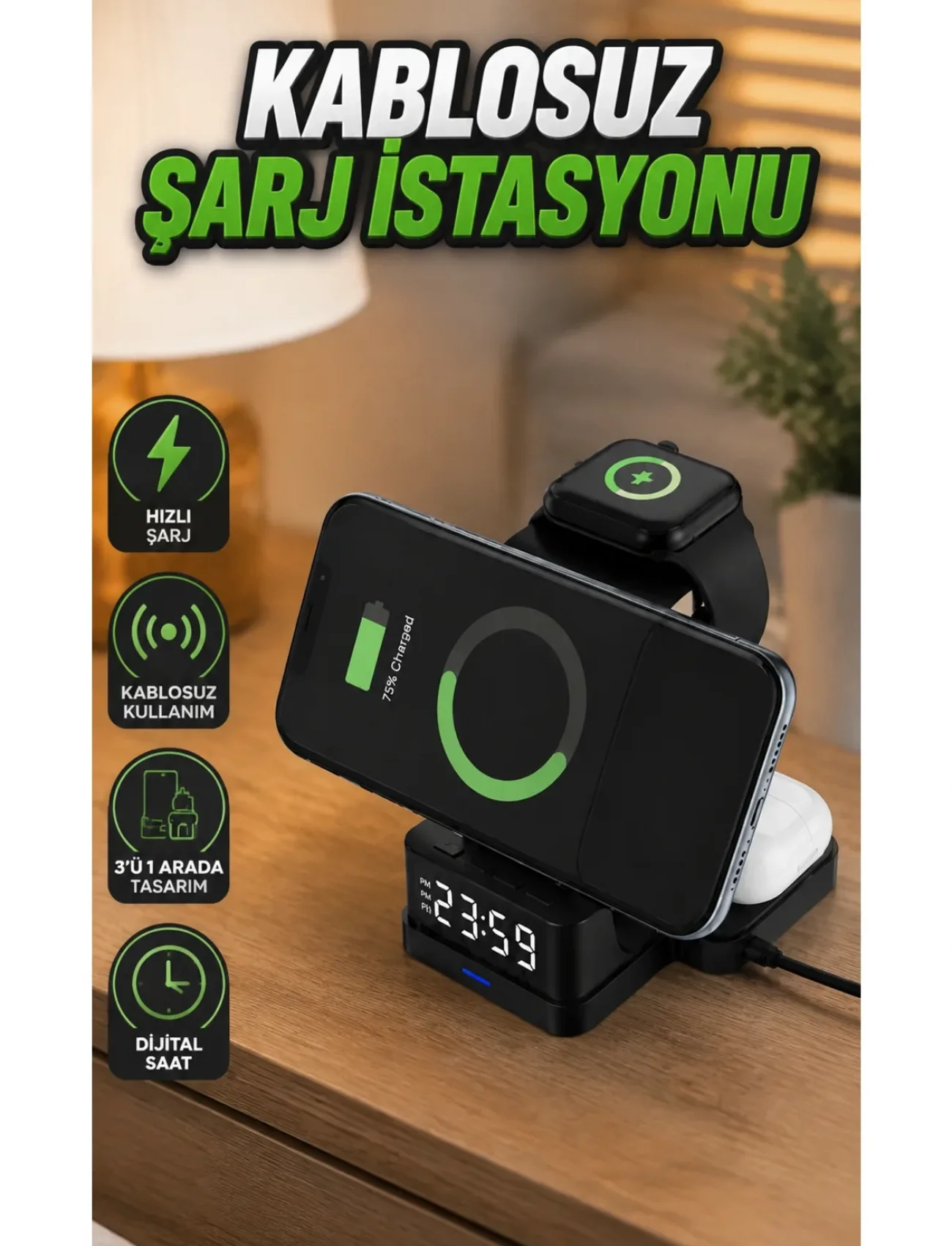 Dijital Saatli Kablosuz Şarj İstasyonu – 3’ü 1 Arada Uyumlu Hızlı Şarj ve LED Ekran Yeni Nesil