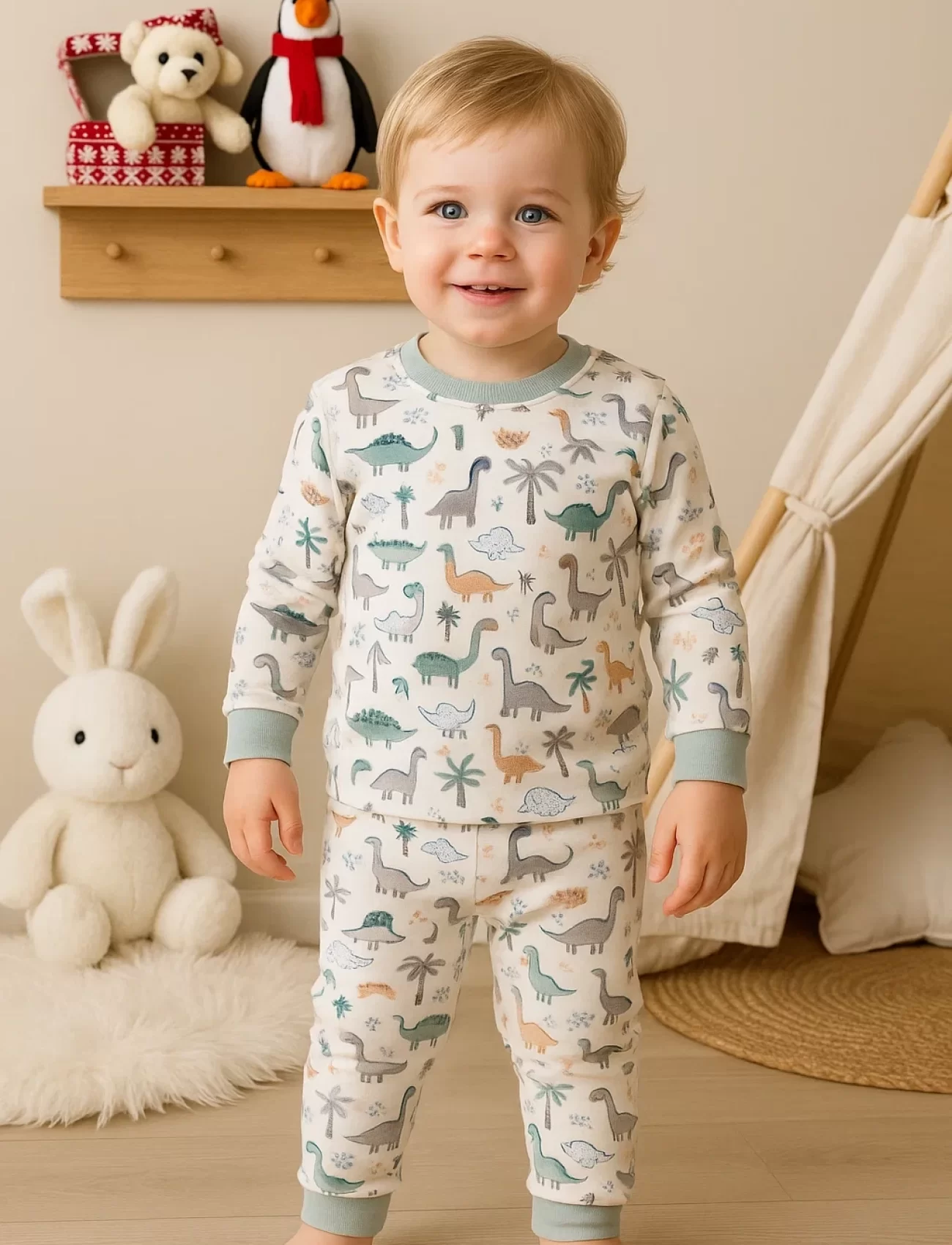 Dinazor Desen Erkek Bebek Eşofman Pijama Takımı Yeşil