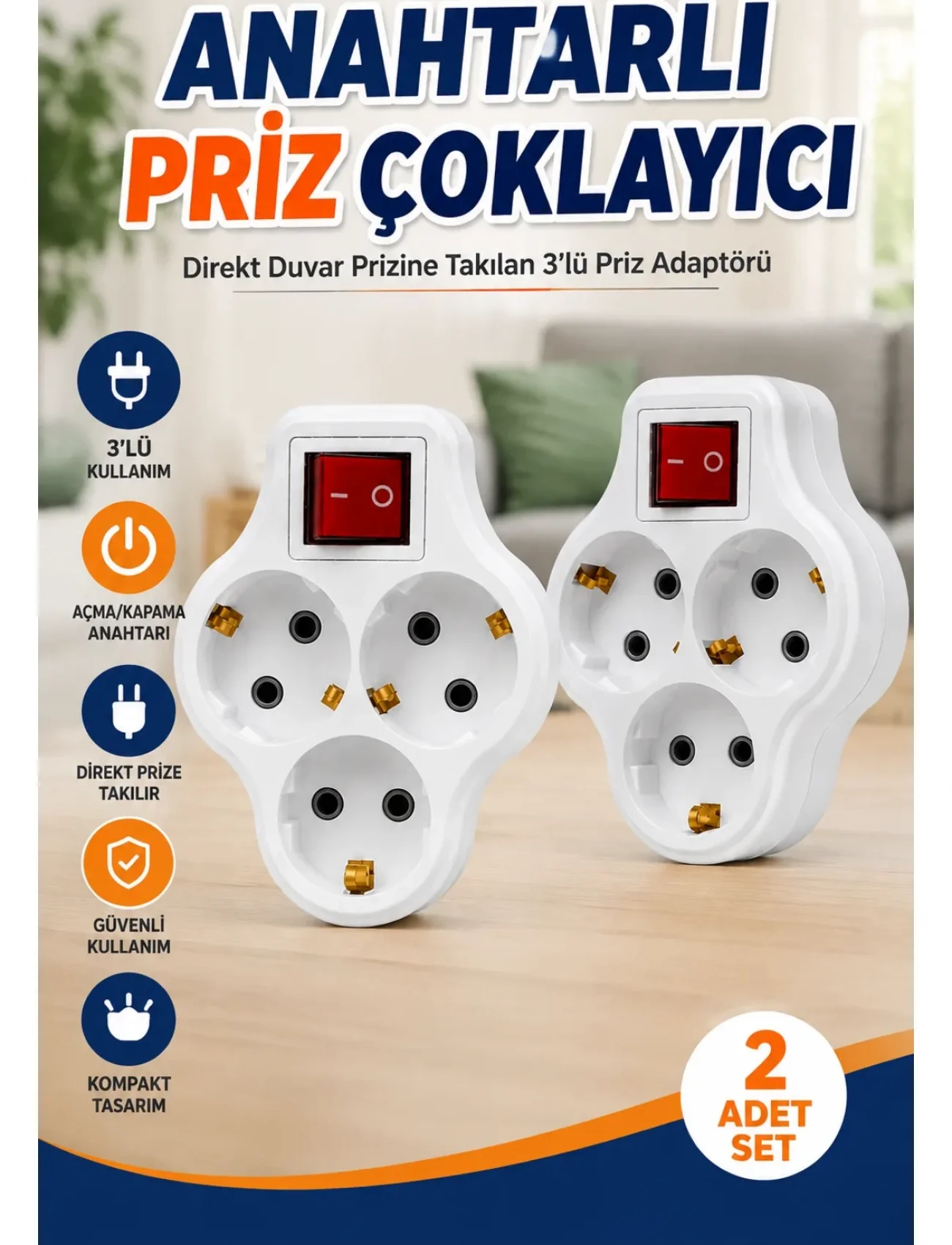 Direkt Duvar Prizine Takılan 3’lü Priz Adaptörü Anahtarlı Priz Çoklayıcı 2 Adet