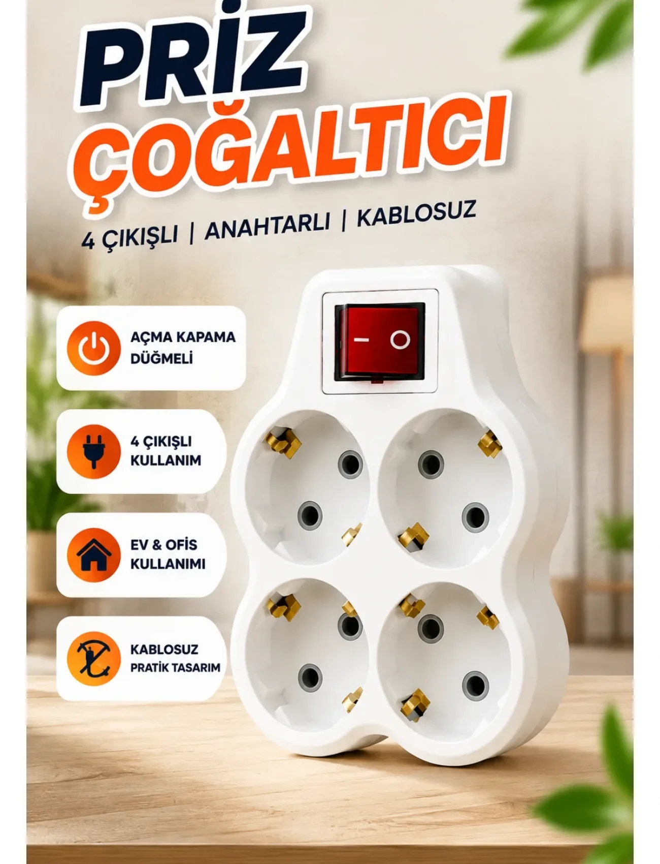 Duvar Priz Çoğaltıcı 4 Çıkışlı Açma Kapama Düğmeli Kablosuz Priz Adaptörü