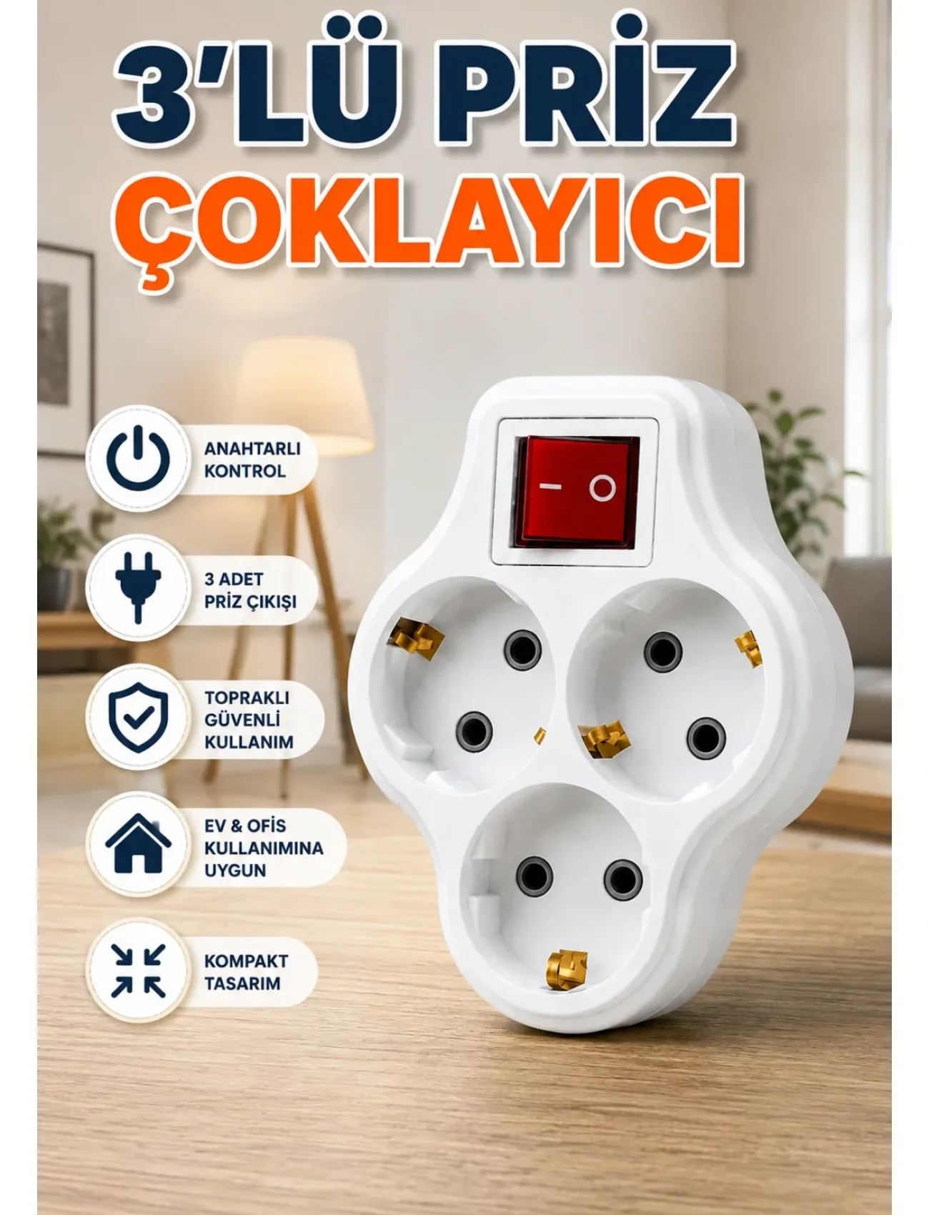 Duvar Tipi 3’lü Priz Çoklayıcı Kablosuz Anahtarlı Kompakt Priz Adaptörü