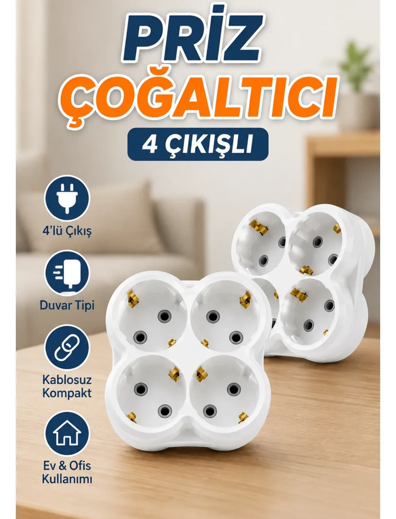 Duvar Tipi 4 Çıkışlı Priz Çoğaltıcı Kablosuz Kompakt Tasarım 2 Adet