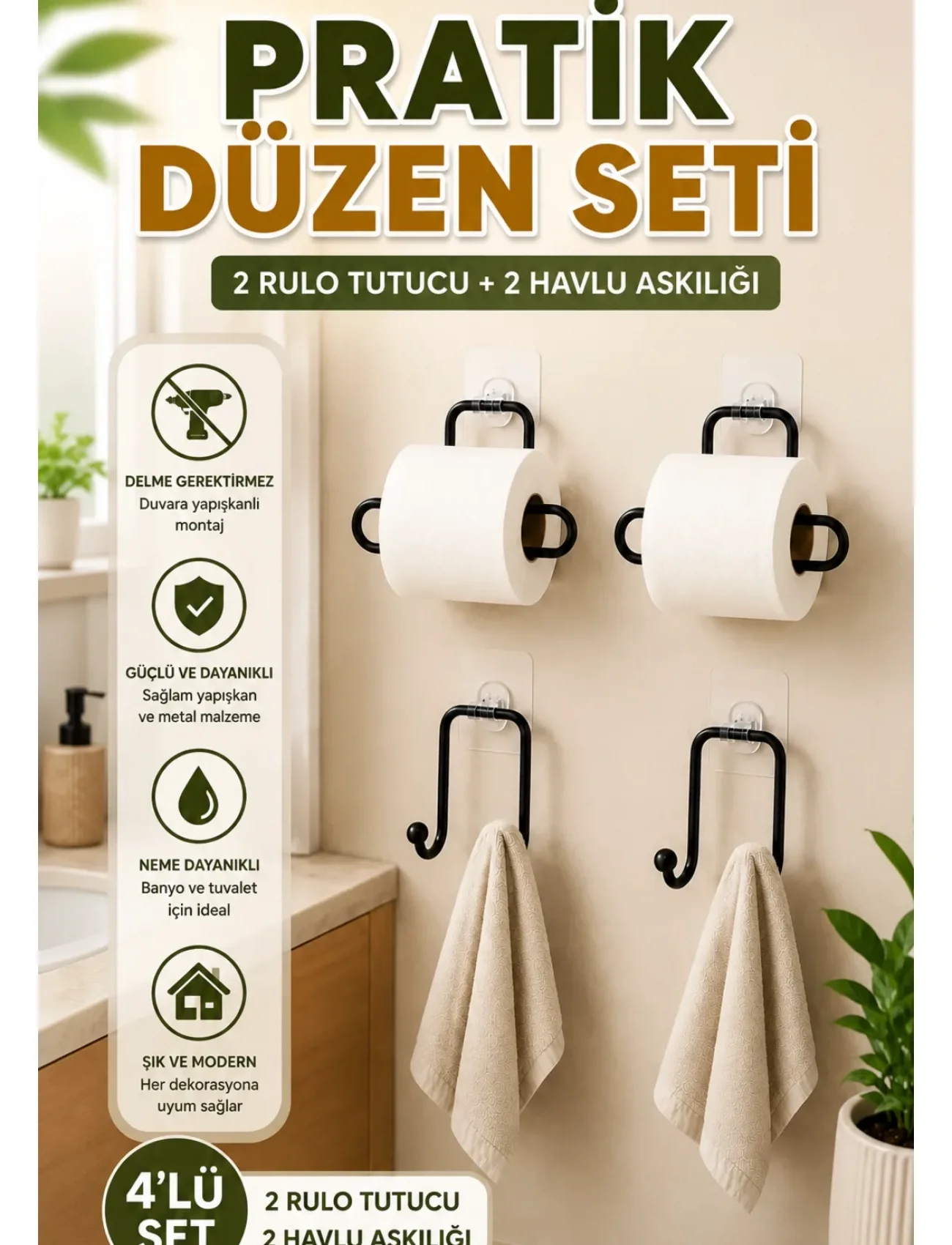 Duvara Yapışkanlı Rulo Kağıtlık ve Havlu Askılığı 2’şer Adet 4’lü Set