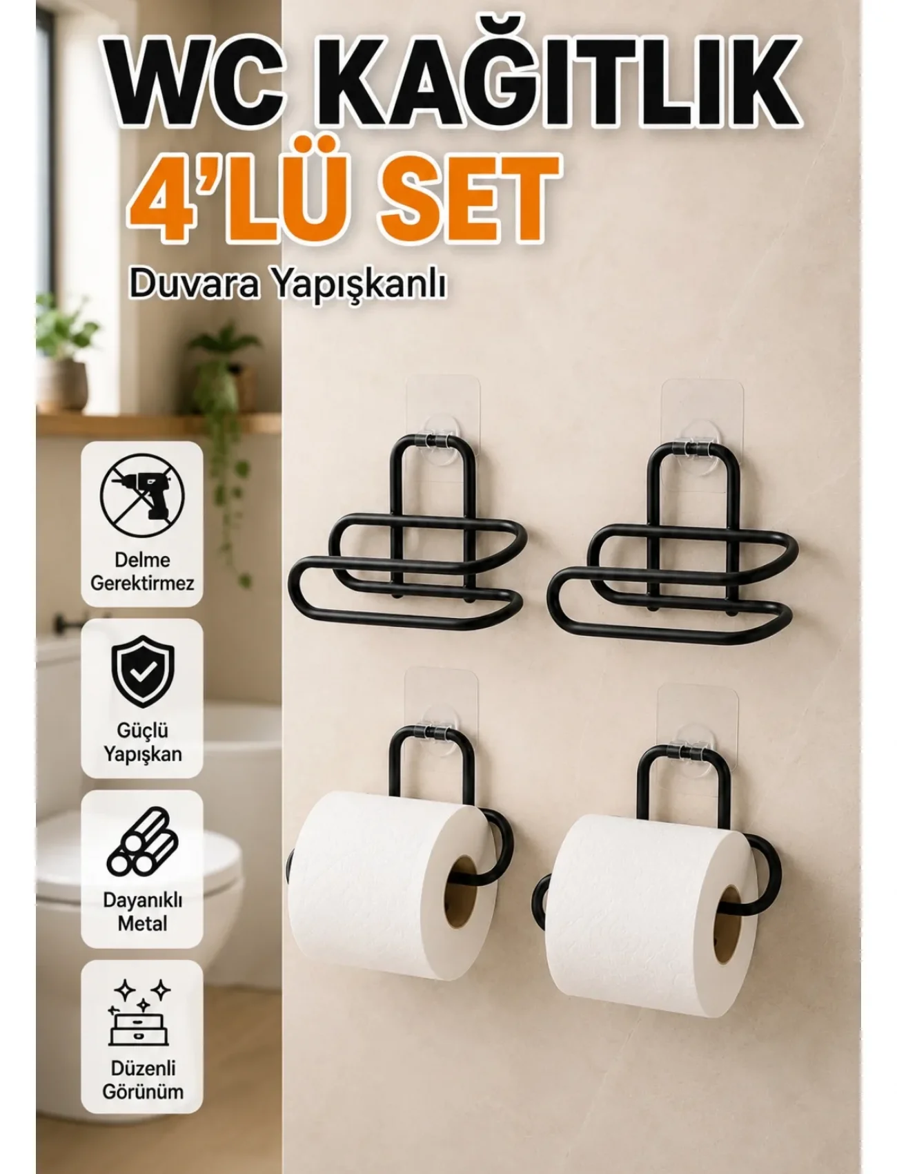 Duvara Yapışkanlı WC Kağıtlık Siyah Metal 4 Adet Tuvalet Kağıdı Rulo Askısı