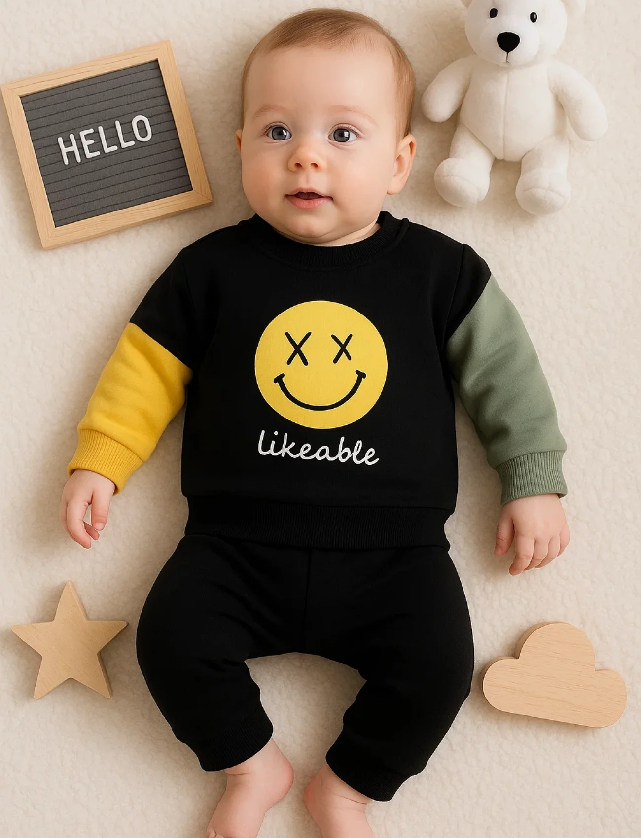 Erkek Bebek Emoji Baskılı Takım Siyah