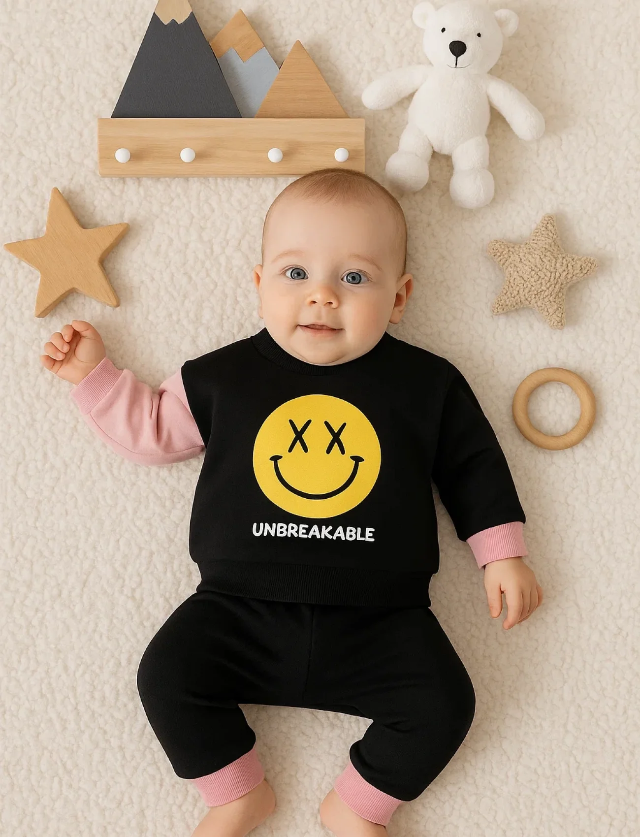 Erkek Bebek Emoji Baskılı Takım Siyah-Pembe