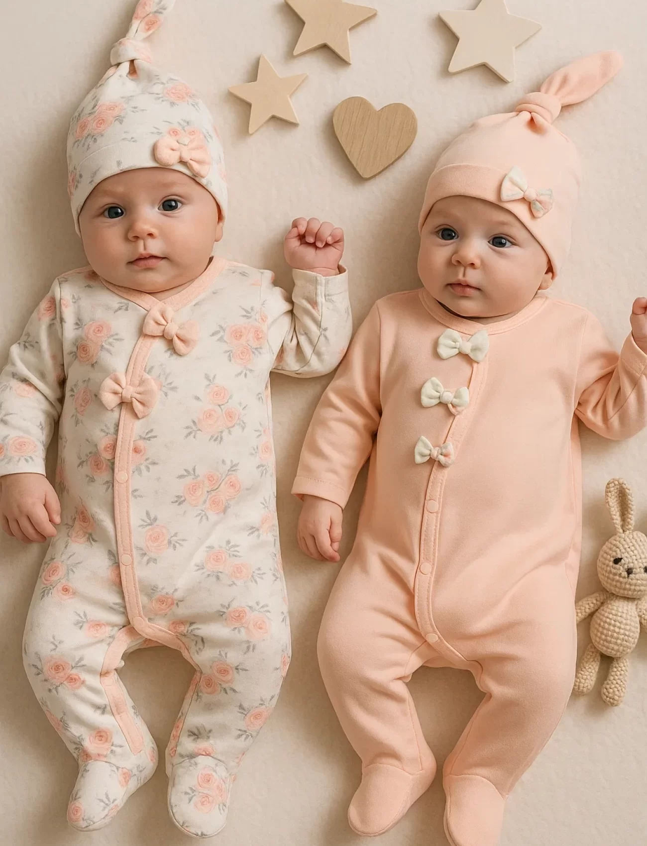 Fiyonklu Çiçek Desenli Kız Bebek 4lü Tulum Seti %100 Pamuk