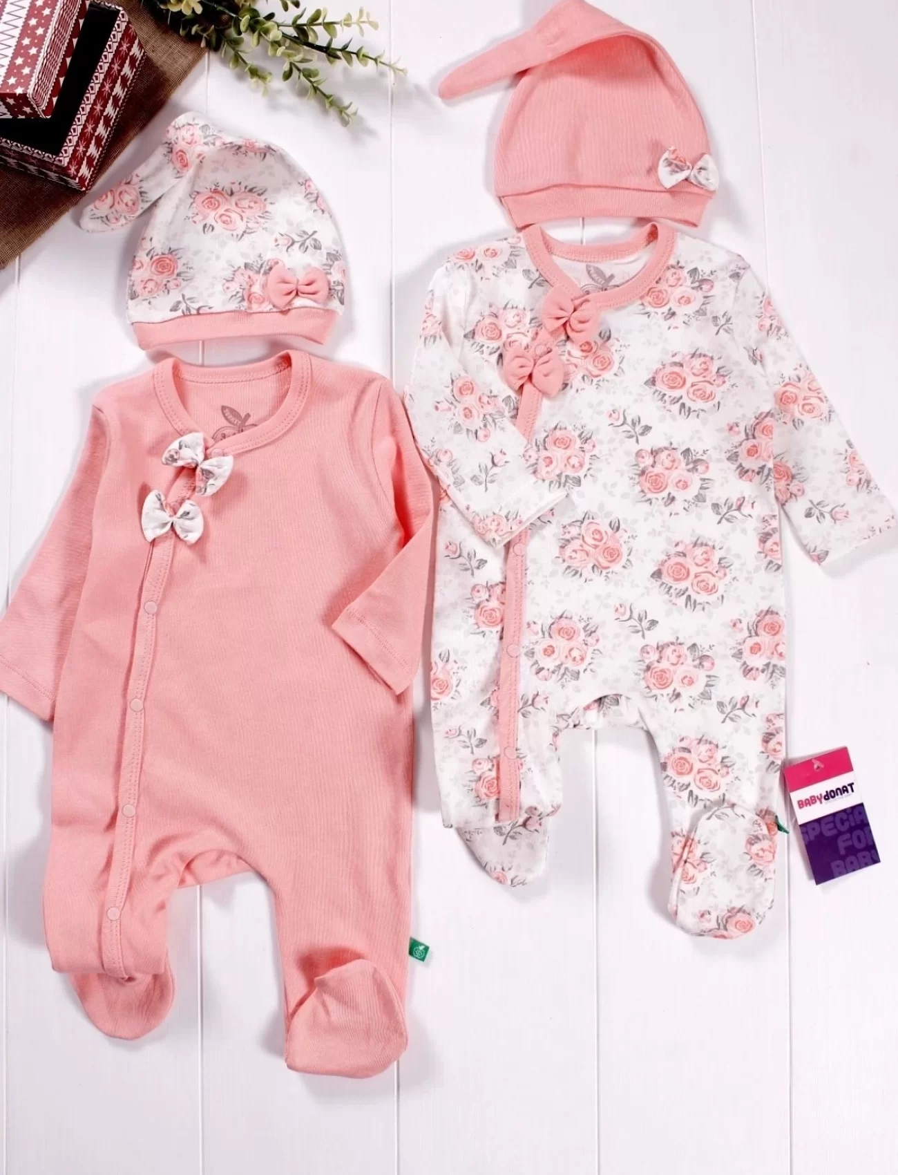 Fiyonklu Çiçek Desenli Kız Bebek 4lü Tulum Seti