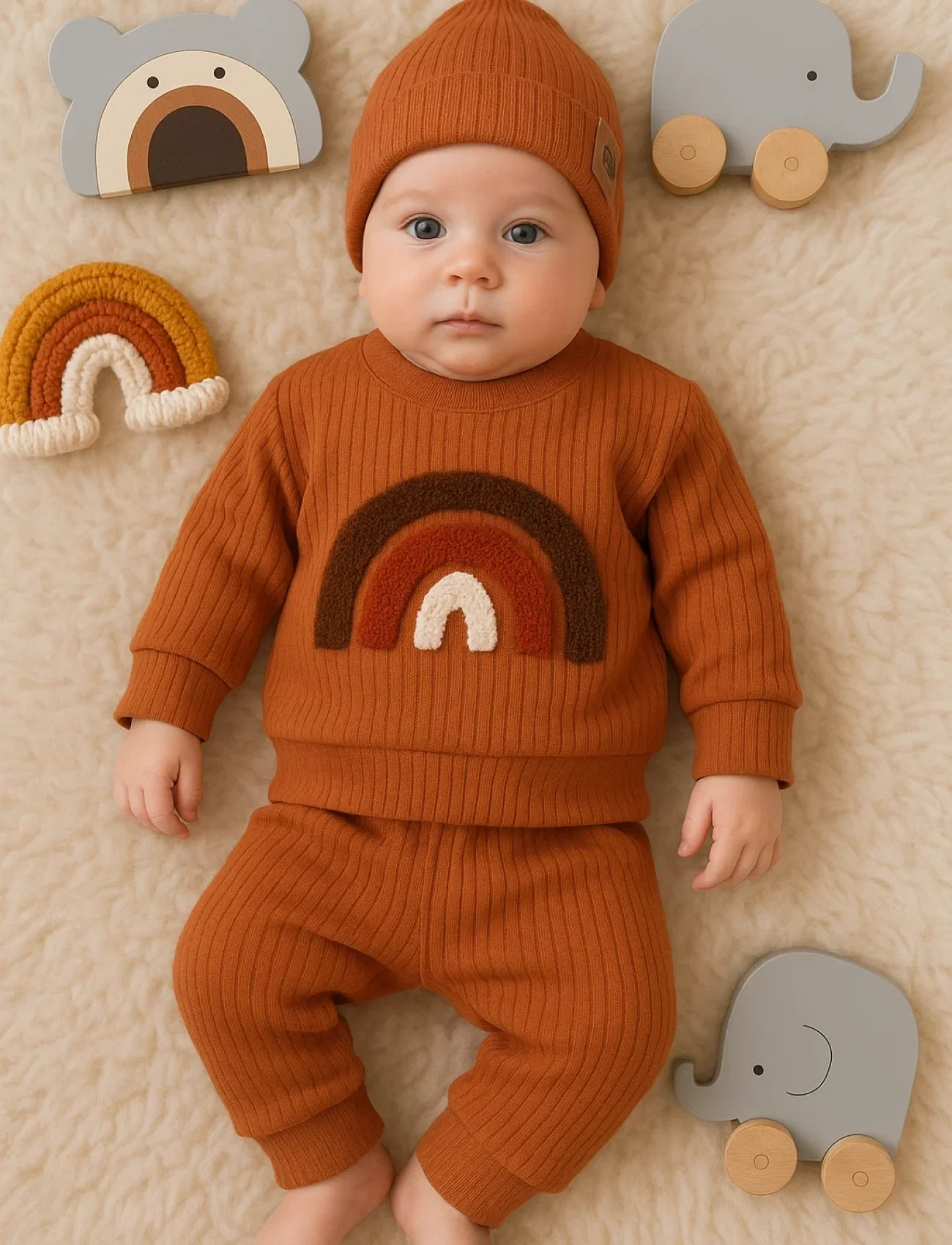 Gökkuşağı Nakışlı 2li % 100 Pamuk Erkek Bebek Takımı