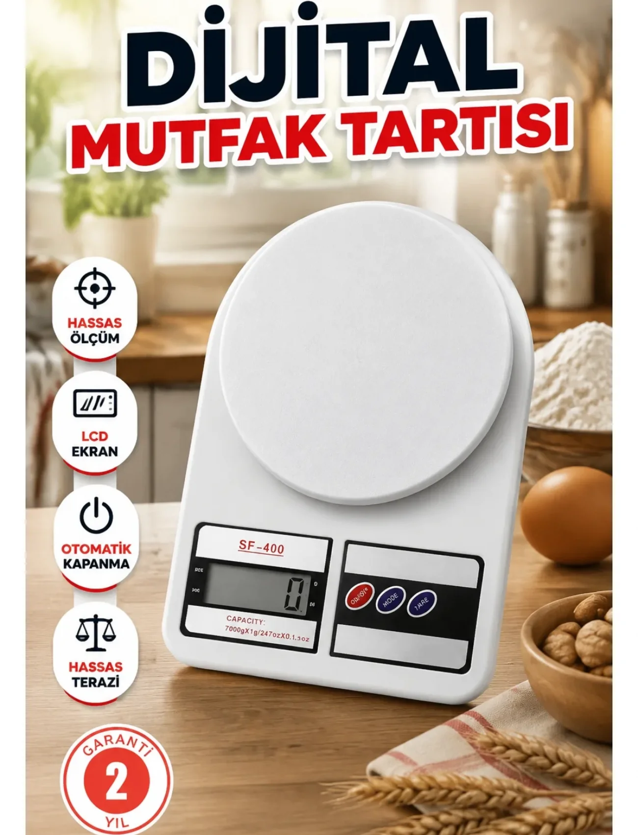 Hassas Dijital Mutfak Tartısı – 1g Doğruluk, LCD Ekran, Otomatik Kapanma