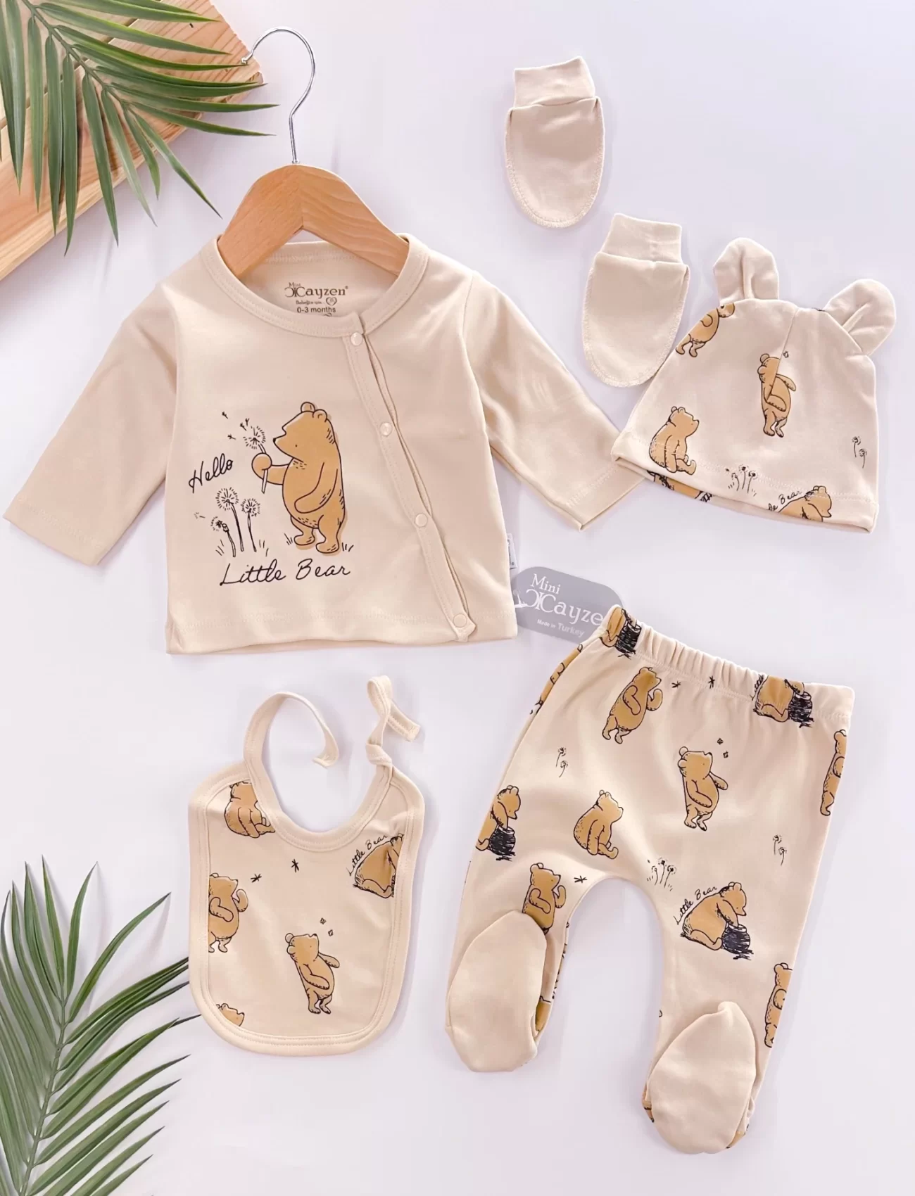 Hello Little Bear Baskılı 5 Parça %100 Pamuk Erkek Bebek Hastane Çıkışı