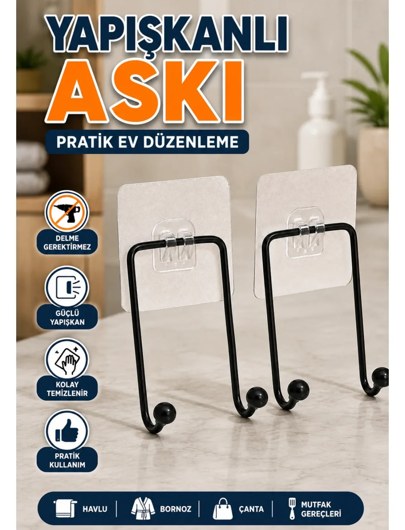 İkili Duvar Tipi Yapışkanlı Askılık Pratik Ev Düzenleme Askısı