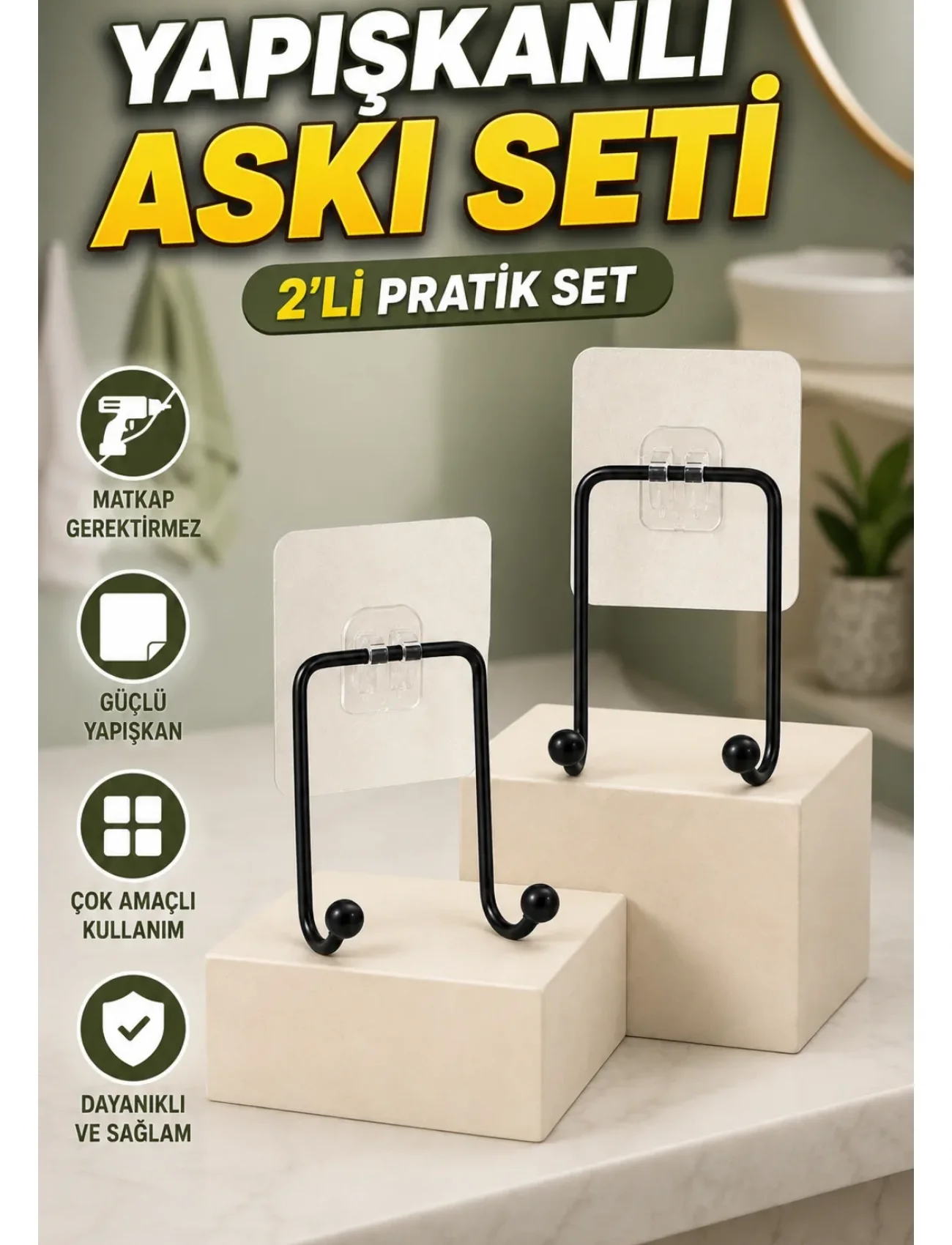 İkili Yapışkanlı Askı Seti Duvar Tipi Çok Amaçlı Pratik Askılık 2 Adet