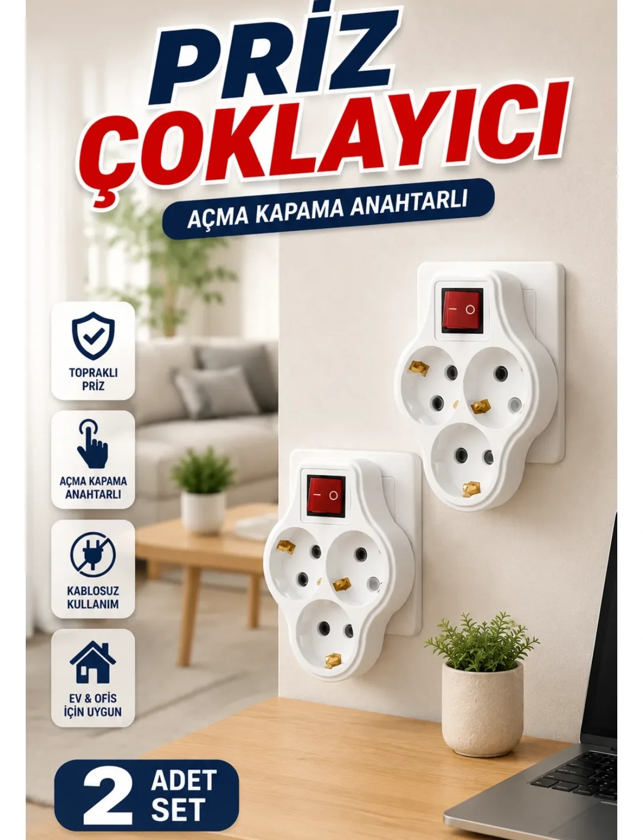 Kablosuz 3’lü Priz Çoklayıcı Açma Kapama Anahtarlı Duvar Tipi 2 Adet Set
