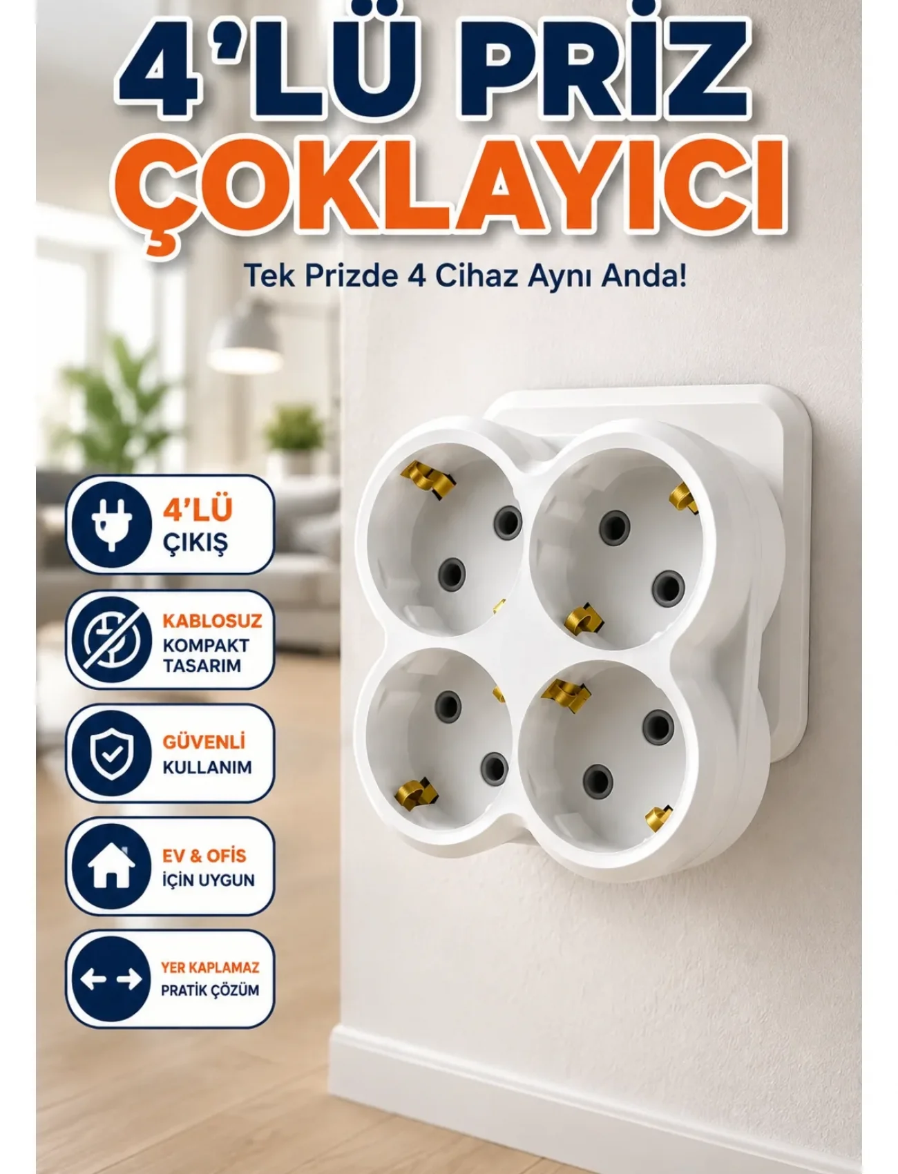 Kablosuz 4’lü Priz Çoklayıcı Kompakt Duvar Prizi Çoğaltma Adaptörü