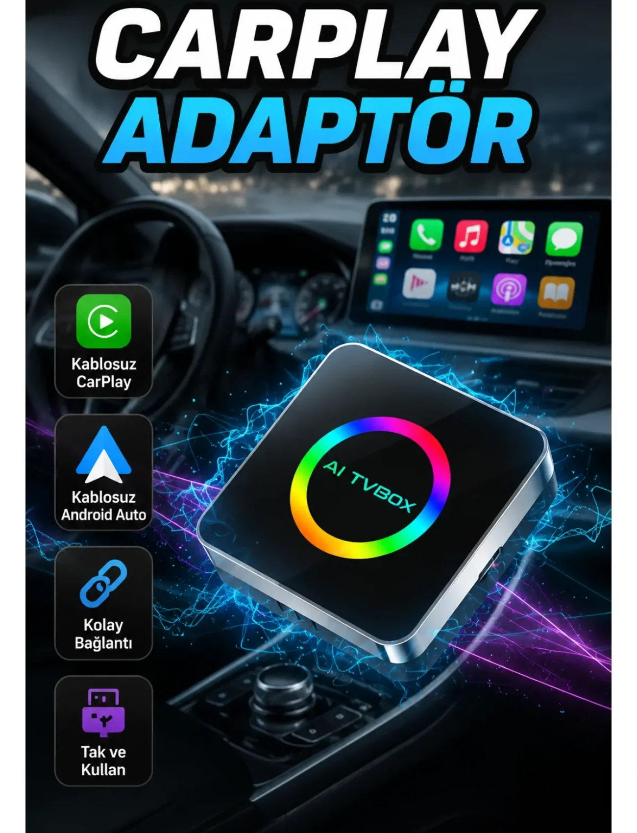 Kablosuz CarPlay Android Auto Adaptörü Araç İçi Multimedya Dönüştürücü