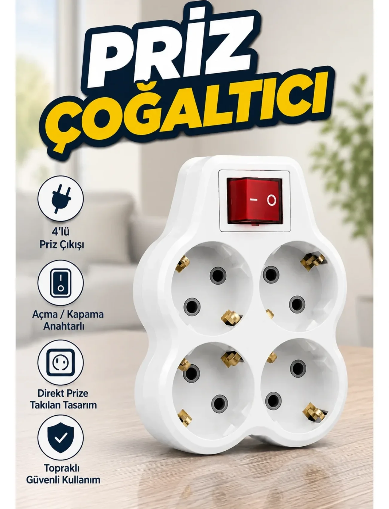 Kablosuz Duvar Tipi 4’lü Priz Çoklayıcı Anahtarlı Elektrik Priz Çoğaltıcı
