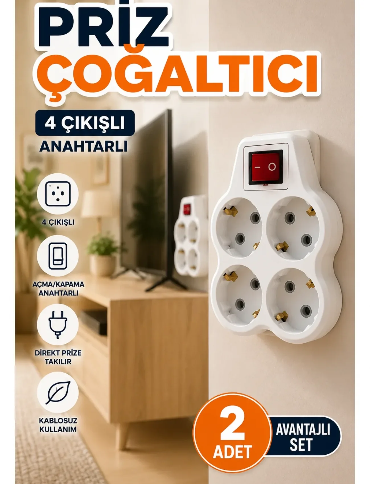 Kablosuz Duvar Tipi Priz Çoğaltıcı 4 Çıkışlı Anahtarlı 2 Adet Avantajlı Set