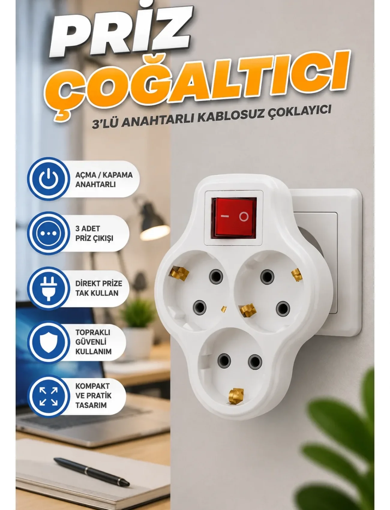Kablosuz Priz Çoğaltıcı 3 Çıkışlı Anahtarlı Kompakt Duvar Tipi Çoklayıcı