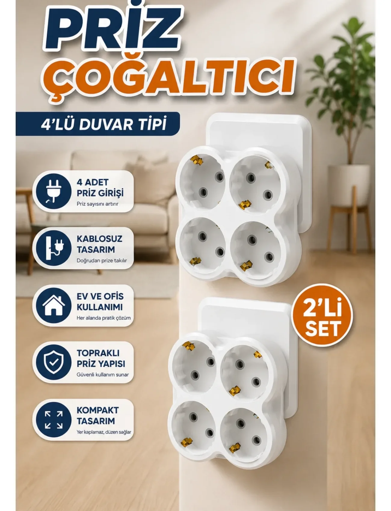 Kablosuz Priz Çoklayıcı 4’lü Duvar Tipi Kompakt Priz Çoğaltıcı 2’li Set