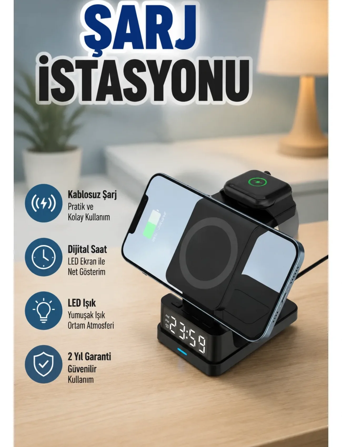 Kablosuz Şarj Cihazı ve Dijital Saat 4’ü 1 Arada Hızlı Şarj, LED Işıklı Tasarım