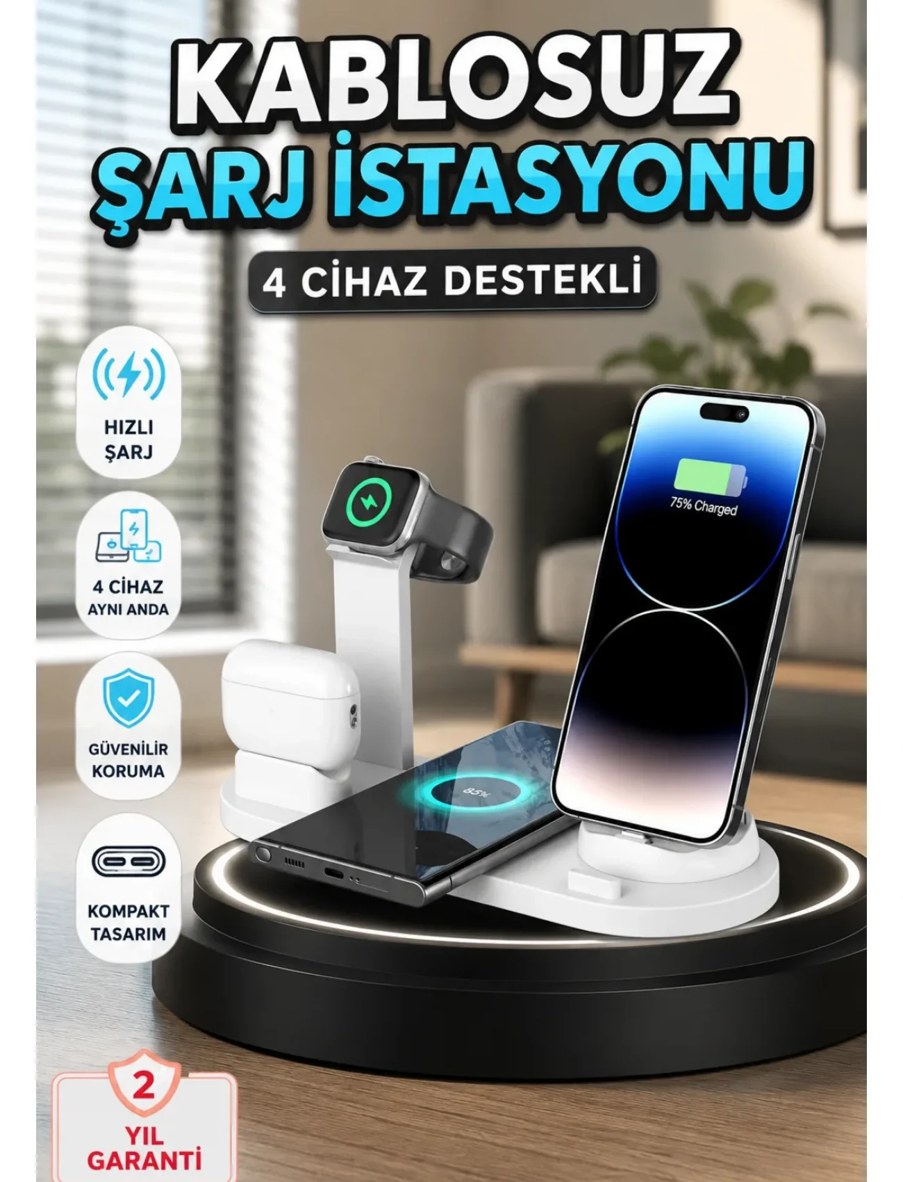 Kablosuz Şarj İstasyonu 4 Cihaz Destekli ve Hızlı Şarjlı