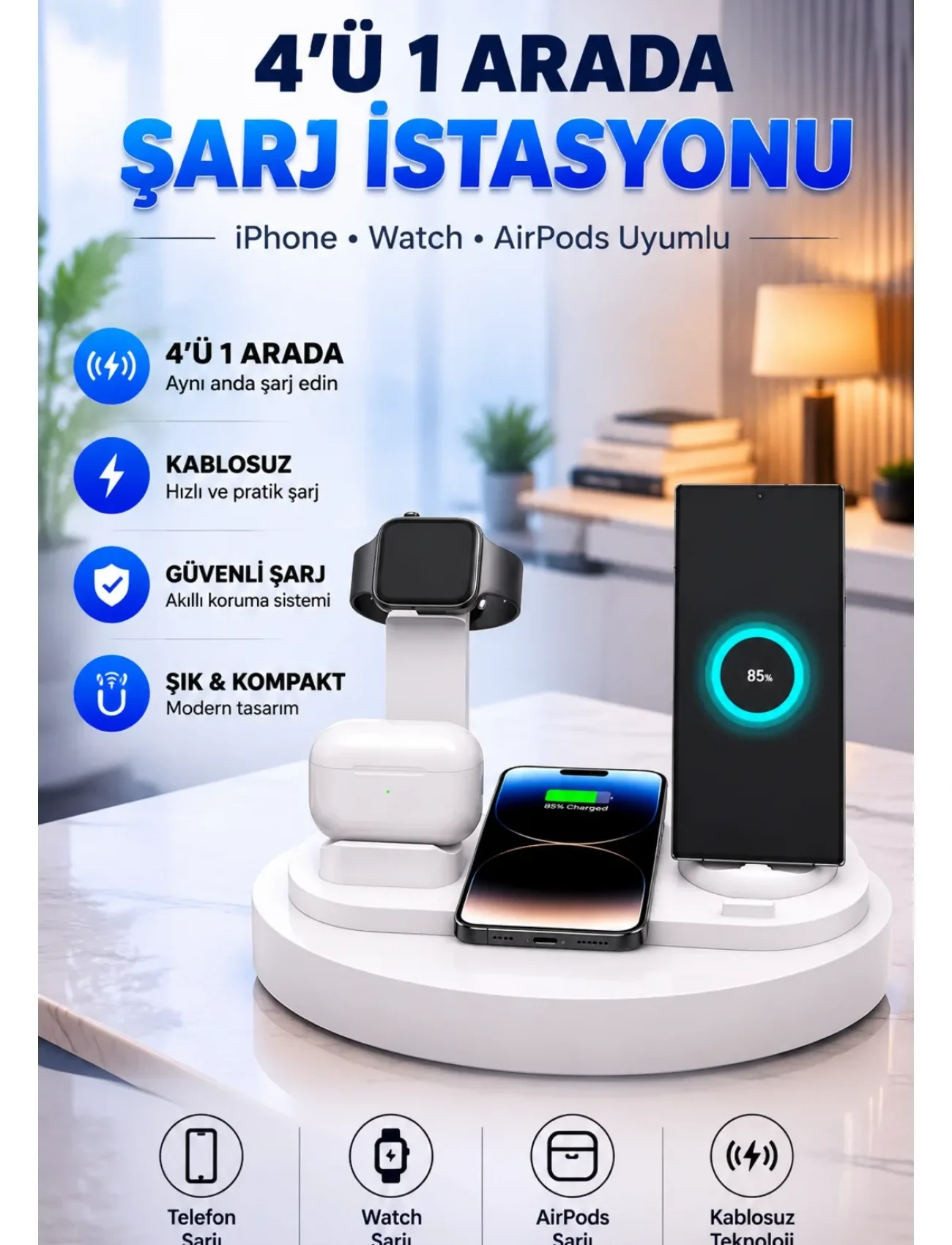 Kablosuz Şarj İstasyonu 4’ü 1 Arada iPhone Watch ve AirPods Uyumlu