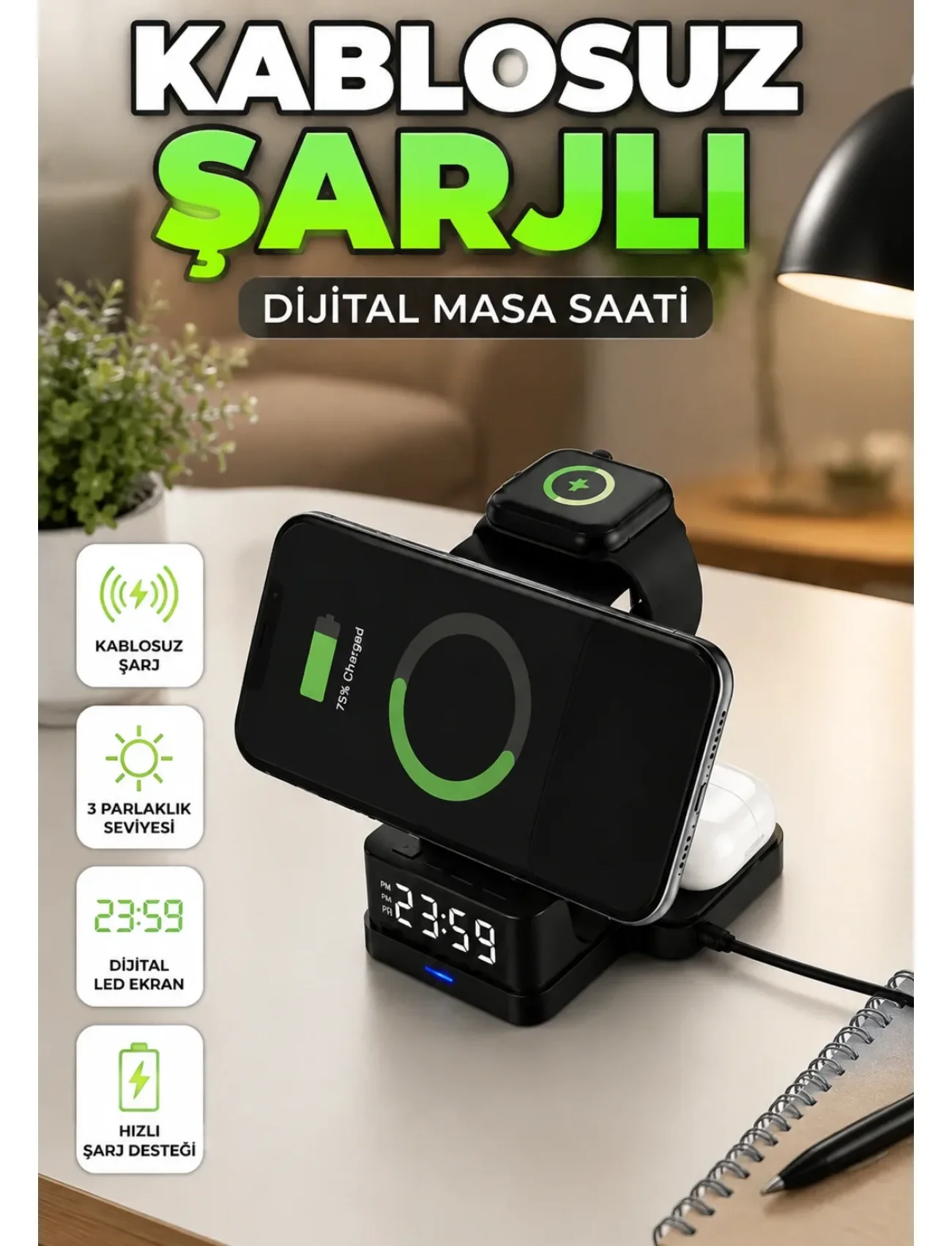 Kablosuz Şarjlı Dijital Masa Saati – 3 Parlaklık Seviyeli LED, Hızlı Şarj Yeni Nesil