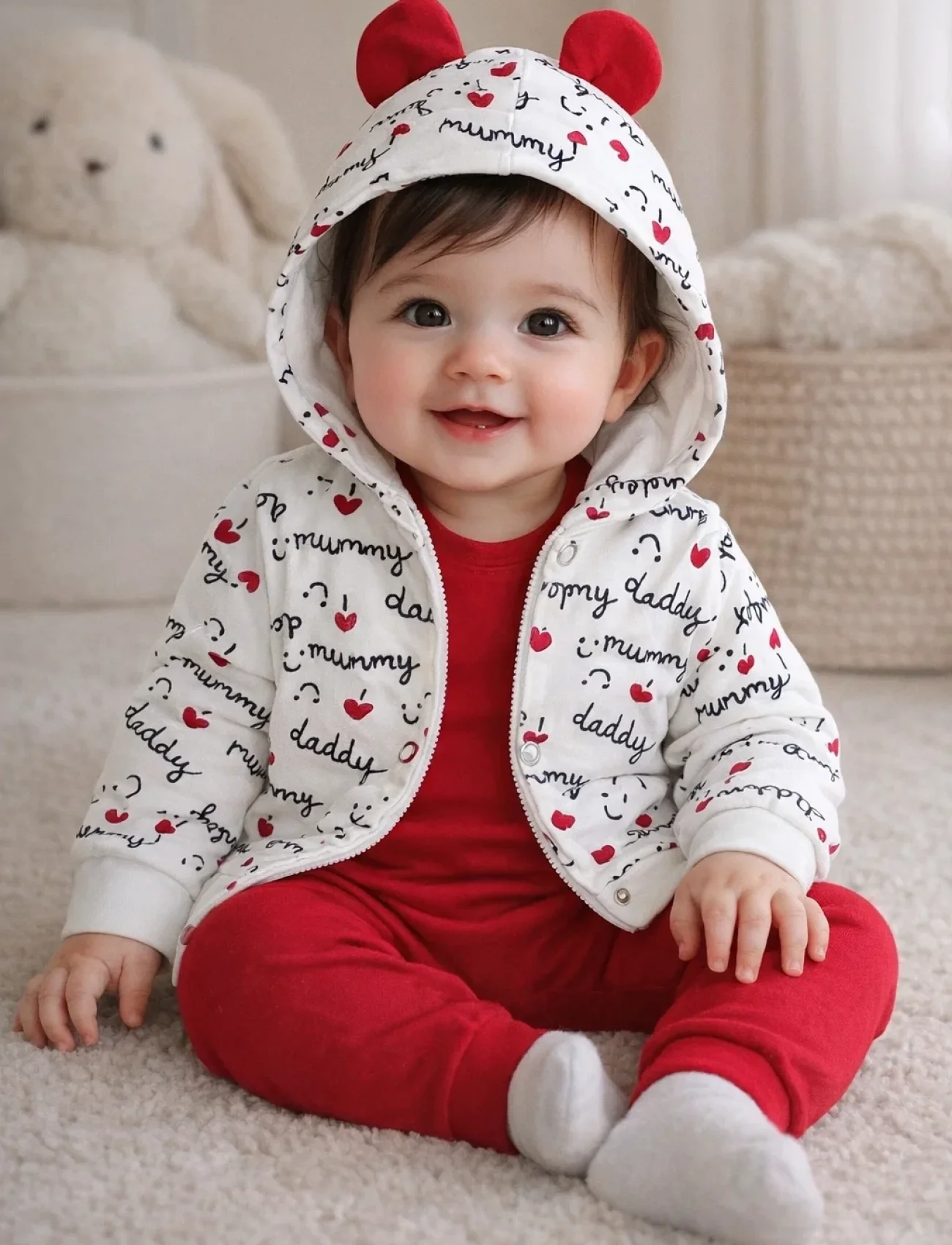 Kalp Desenli Kulaklı 3 Lü Kız Bebek Takımı