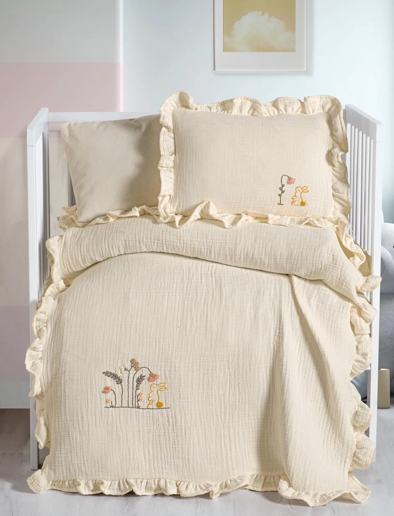 Kanz 4 Kat Hand Made Fırfırlı Müslin Örtü Seti Knz-020 Krem