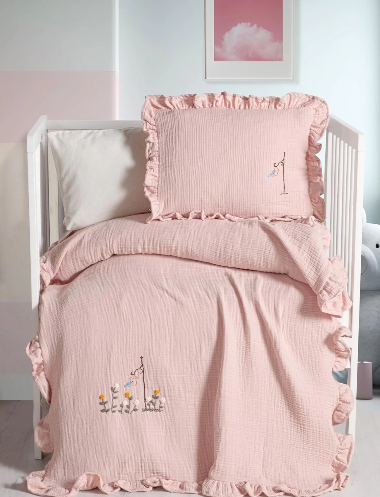 Kanz 4 Kat Hand Made Fırfırlı Müslin Örtü Seti Knz-020 Pudra