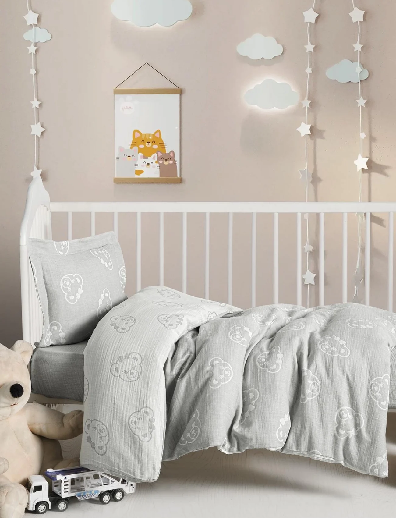 Kanz Jakarlı Müslin Bebek Nevresim Takımı Knz-013 Bear Gri
