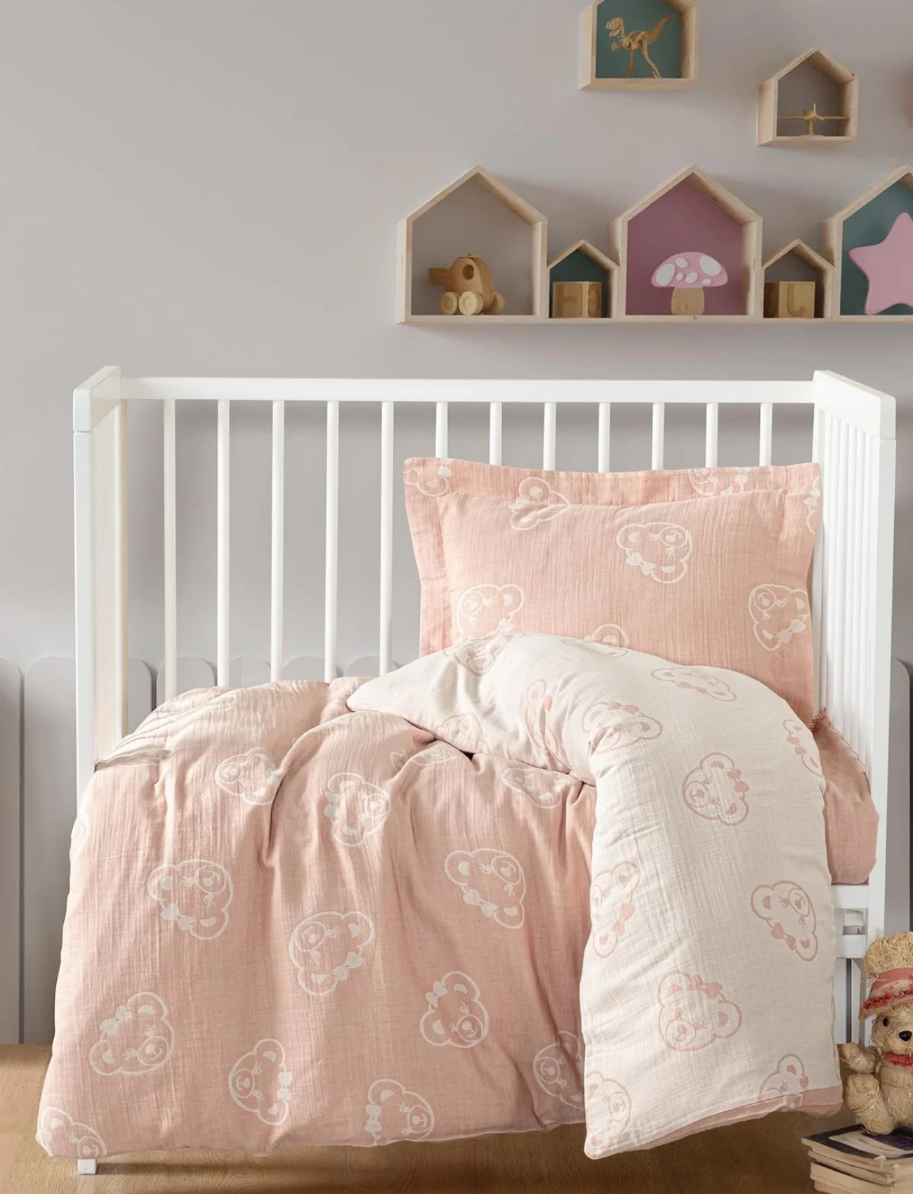 Kanz Jakarlı Müslin Bebek Nevresim Takımı Knz-013 Bear Pudra