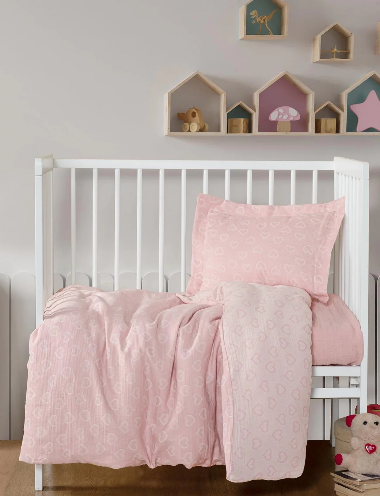 Kanz Jakarlı Müslin Bebek Nevresim Takımı Knz-013 Heart Pembe
