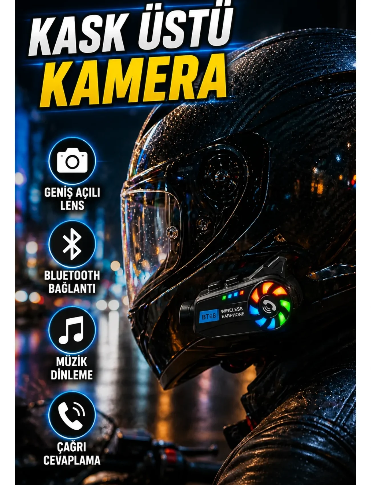 Kask Üstü Kamera Bluetooth Müzik ve Çağrı Özellikli Geniş Açılı Lens