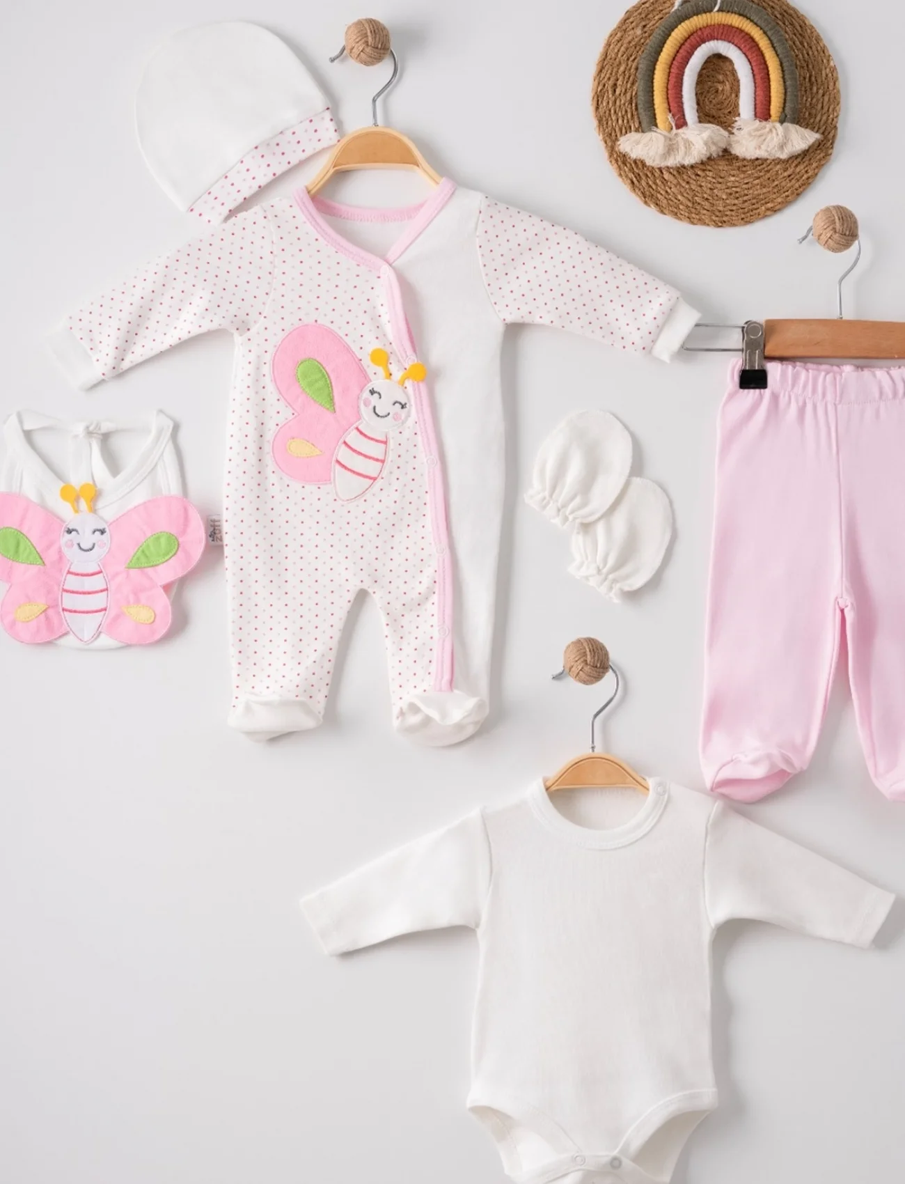 Kelebek Nakışlı Tulumlu % 100 Pamuk Kız Bebek 5li Set